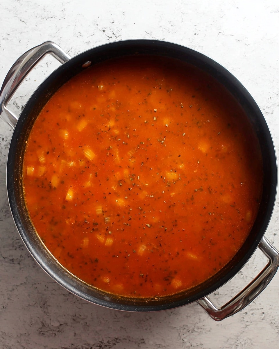 A large black pan filled with a thick orange-red soup with visible small chunks of onion and herbs spread throughout. The soup has a slightly glossy and textured surface with scattered black pepper and spices. The pan has shiny silver handles and is placed on a white marbled textured surface. Photo taken with an iphone --ar 4:5 --v 7
