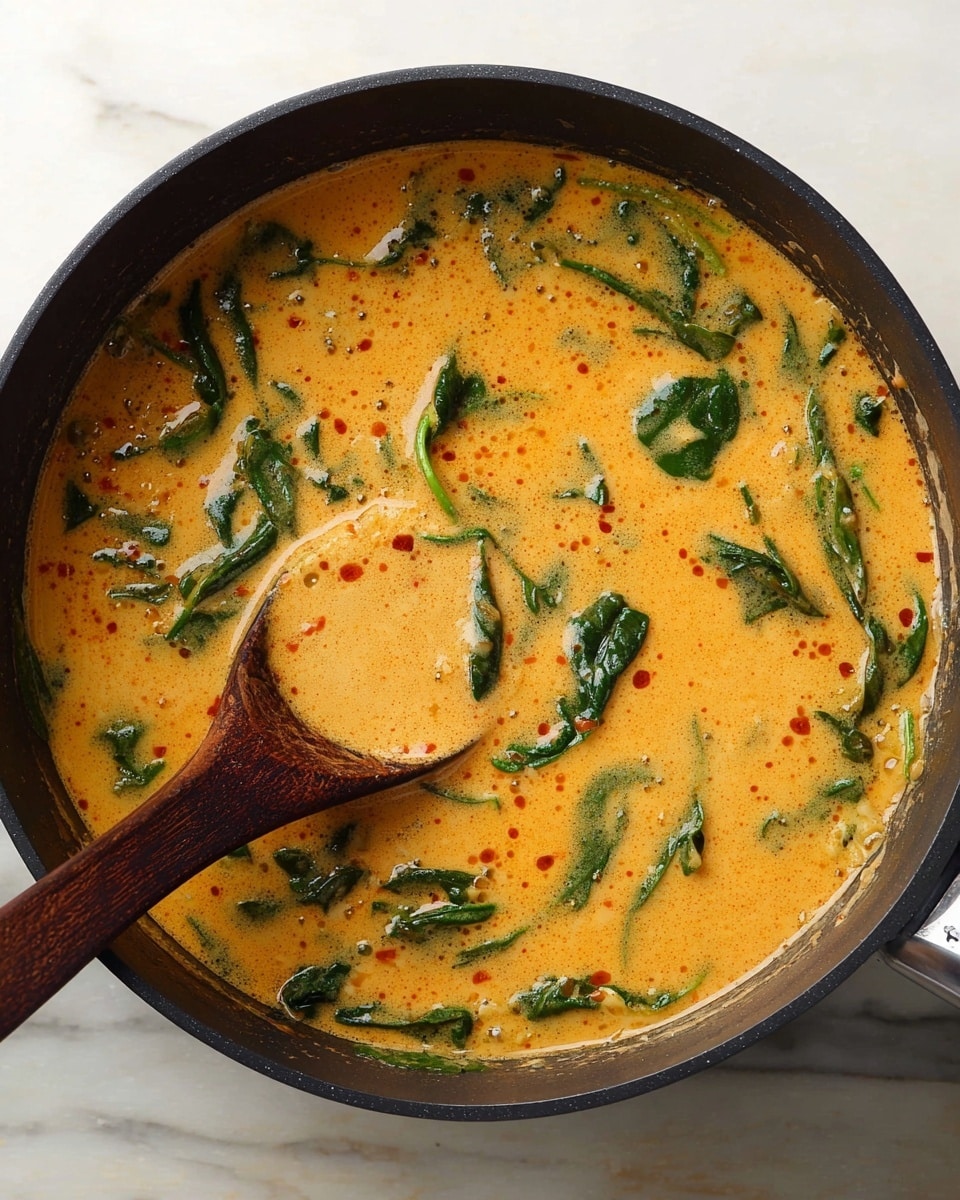 A top view of a black pan filled with a creamy orange soup with green spinach leaves scattered throughout. The soup has a smooth texture with small red specks and some bubbles on the surface. A dark wooden spoon rests in the pan, partially immersed in the soup, with some soup ladled into the spoon. The pan is placed on a white marbled surface. photo taken with an iphone --ar 4:5 --v 7