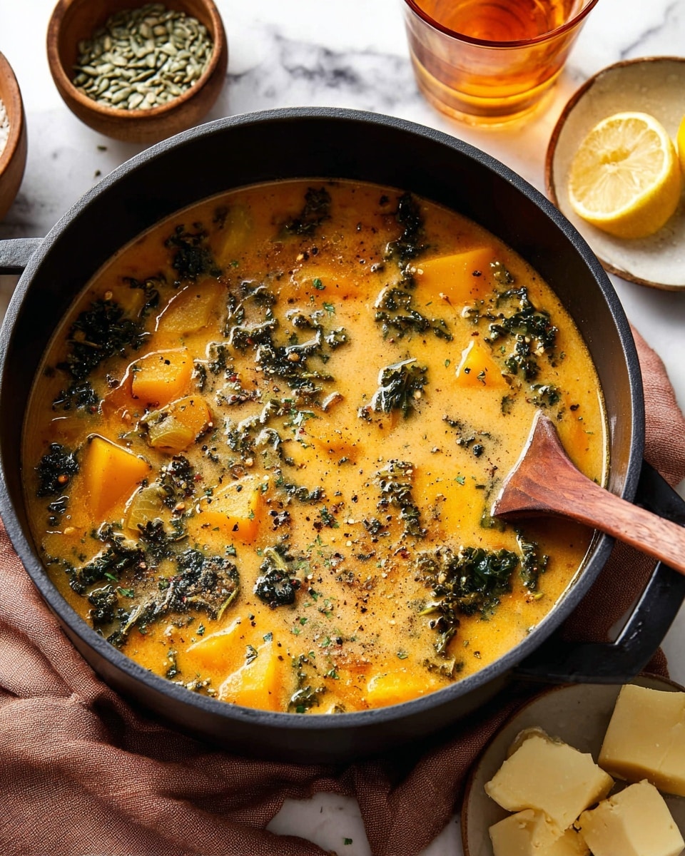 The image shows a deep black pot filled with creamy orange soup, with visible chunks of yellow squash and dark green leafy kale floating inside. The soup has a slightly oily surface with specks of black pepper and herbs spread throughout. A wooden spoon leans inside the pot on the right side, partially submerged in the soup. The pot sits on a soft brown cloth on a white marbled surface. Around the pot, there are small bowls, one with pale green seeds, one with lemon slices, a glass with amber liquid, and a small white plate holding two chunks of pale yellow cheese. Photo taken with an iphone --ar 4:5 --v 7