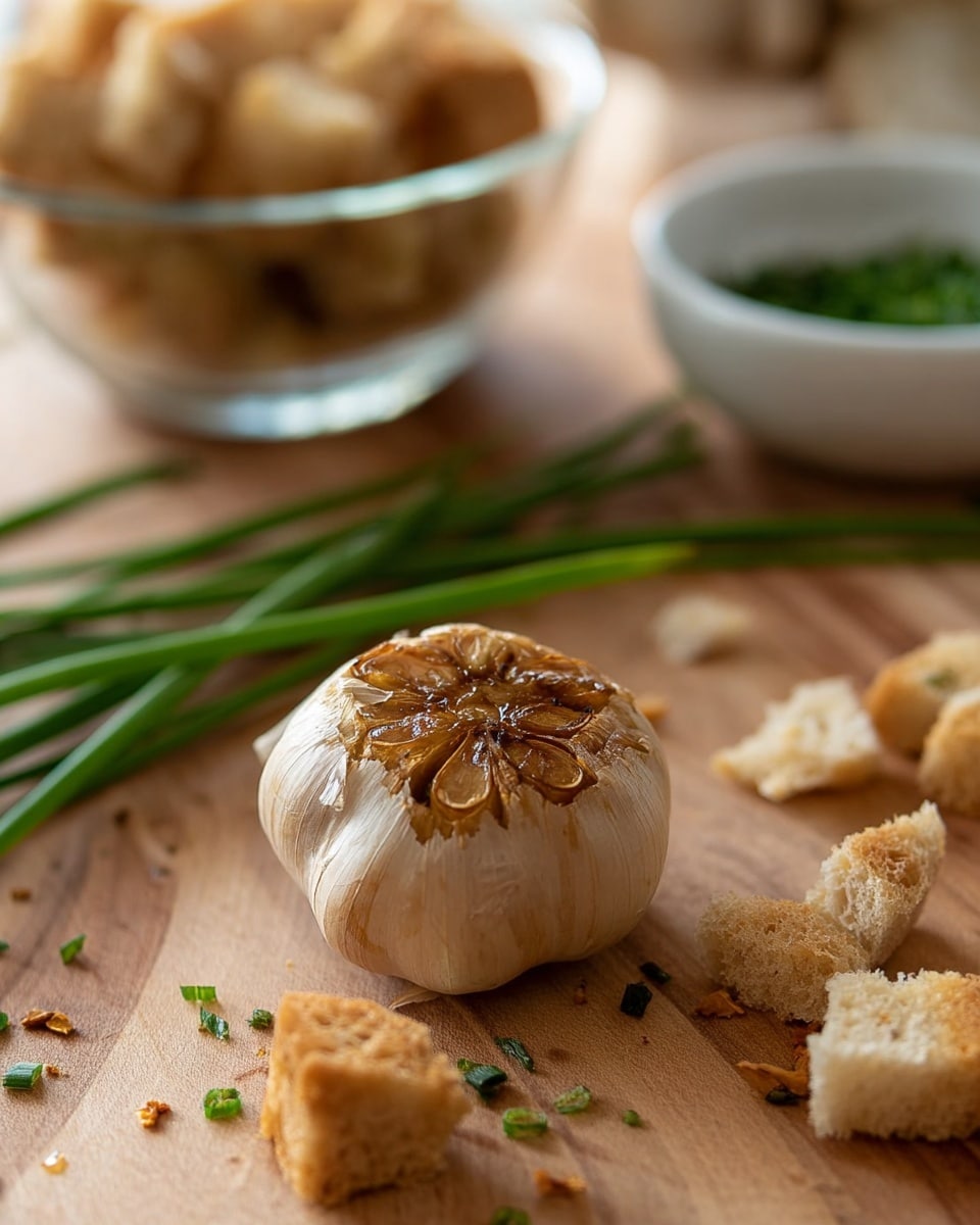 The image shows a close-up of a round roasted garlic bulb resting on a wooden surface. The garlic bulb is light tan with a slightly browned top, revealing soft, caramelized cloves inside. Nearby, there are scattered light brown croutons with a crunchy texture and a few long green chives laying beside them. In the background, a clear glass bowl filled with more croutons and a white bowl with finely chopped green herbs are slightly blurred. The overall scene has a warm, natural feel with soft lighting. Photo taken with an iphone --ar 4:5 --v 7