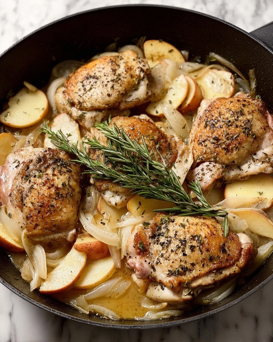 The image shows a black cast iron skillet filled with five pieces of cooked chicken thighs, golden brown and seasoned with black pepper. Beneath and around the chicken, there are sliced light yellow onions and orange-red apple slices soaked in a light, glossy sauce. A sprig of fresh green rosemary sits on top of the chicken in the center. The skillet rests on a white marbled surface, and the colors of the chicken, apples, and onions create a warm, appetizing scene photo taken with an iphone --ar 4:5 --v 7