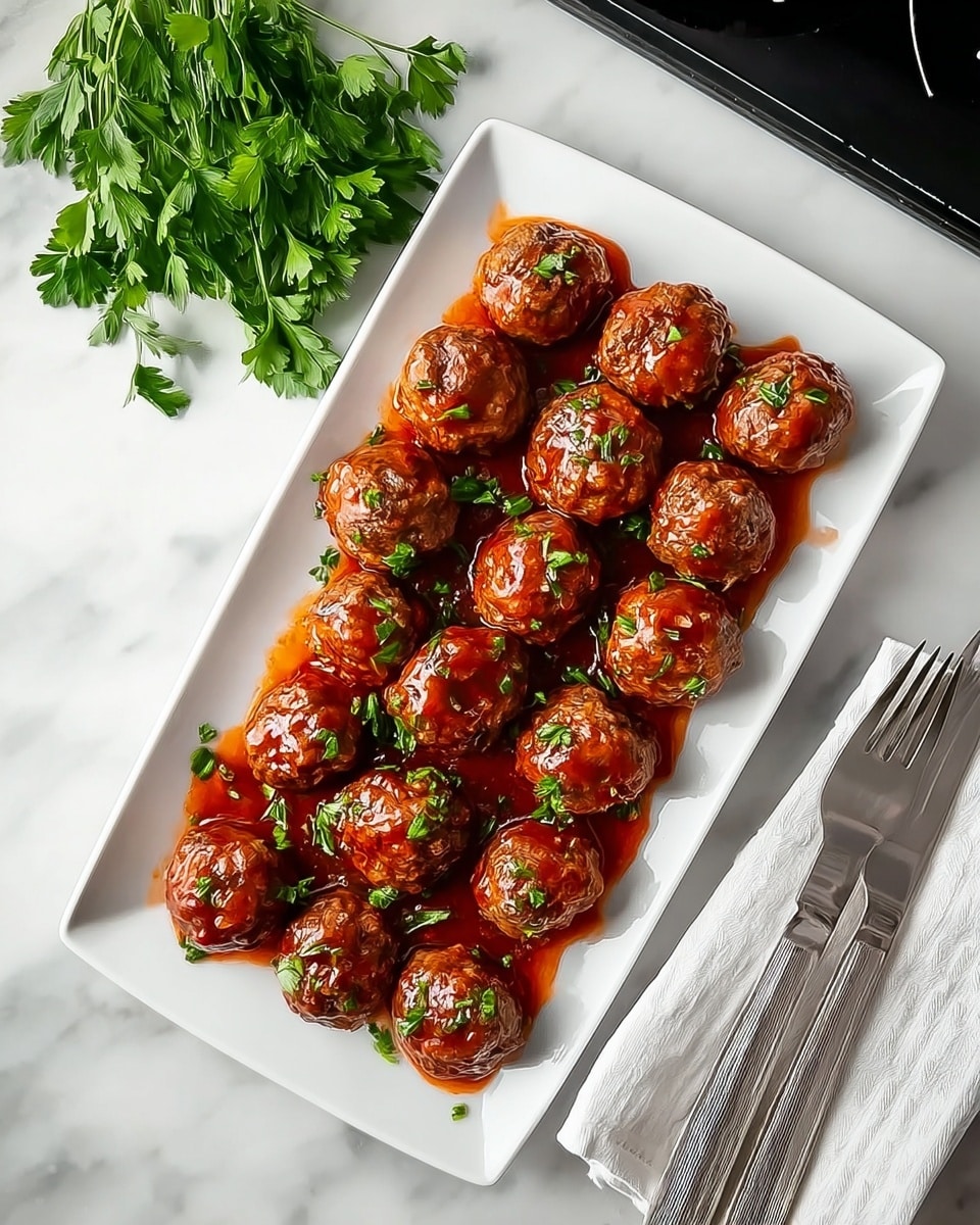 The image shows a white rectangular plate filled with 18 round meatballs covered in a shiny reddish-brown sauce, arranged in three neat rows of six. The meatballs are sprinkled with small green herb pieces, adding a fresh color contrast on top. The plate rests on a white marbled surface with a bunch of fresh parsley placed nearby on the upper left corner. To the right side of the plate, a silver fork and a knife are neatly placed on a white napkin, with part of a black stovetop in the top right corner. The scene is bright and clean, emphasizing the rich sauce and herbs on the meatballs photo taken with an iphone --ar 4:5 --v 7