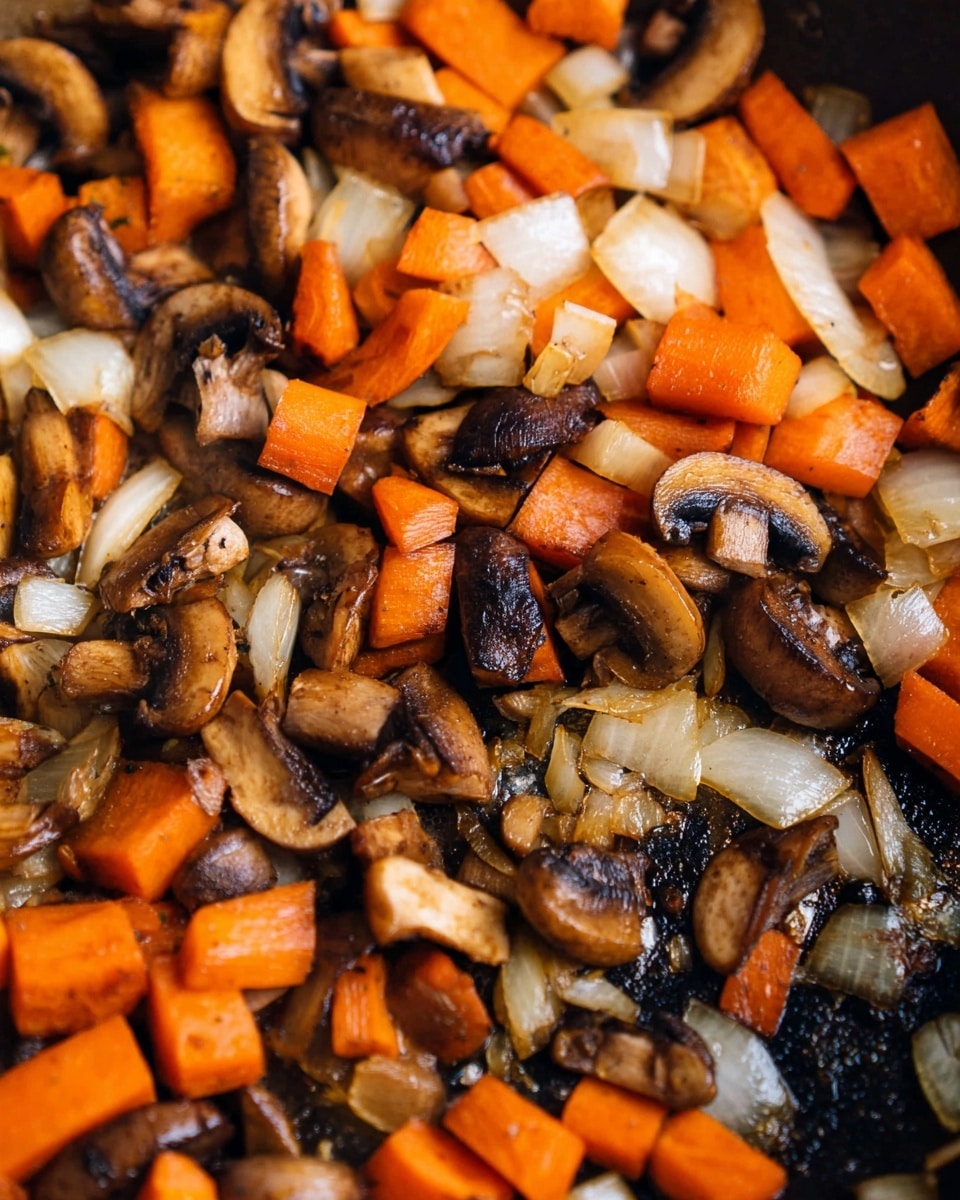 A close-up view of sautéed vegetables in a pan shows three main layers of ingredients. The bottom layer is a dark, slightly charred pan surface with some caramelized bits. The middle layer has glossy brown mushrooms that are cooked but still firm, with visible texture on their caps. The top layer consists of bright orange carrot pieces and translucent white onion chunks, which are soft but hold their shape, mixed evenly around the mushrooms. The overall color palette is warm with orange, brown, and light cream tones. Photo taken with an iphone --ar 4:5 --v 7