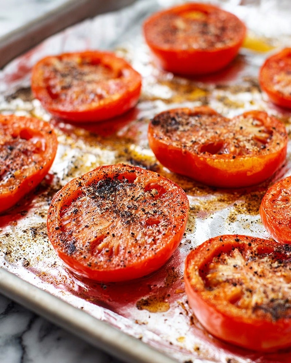 The image shows several tomato halves placed on a silver baking sheet covered with foil. Each tomato half is bright red with a slightly charred, darker brown and blackened top surface, sprinkled with coarse black pepper and possibly some seasoning. The tomatoes have a soft, juicy texture with some clear juice around them, and the foil beneath shows spots of cooked oil and seasoning residue. The tomatoes are spaced out evenly, and the background is a white marbled texture. photo taken with an iphone --ar 4:5 --v 7