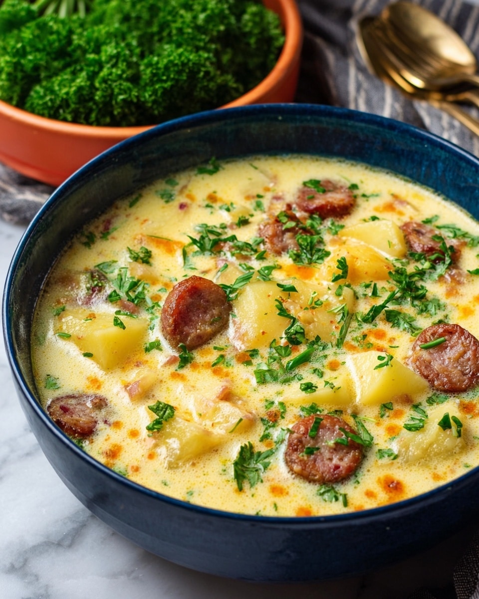 A close-up of a bowl of creamy soup with visible layers: the base is a smooth, pale yellow cream with small orange specks and green herbs mixed in, topped with chunky pieces of light yellow potatoes and browned slices of sausage scattered evenly. Fresh chopped green herbs are sprinkled on top, adding a fresh touch. The soup is served in a deep blue bowl placed on a white marbled surface. In the background, a bunch of curly green parsley sits in an orange bowl, slightly out of focus, with a bronze fork nearby. Photo taken with an iphone --ar 4:5 --v 7