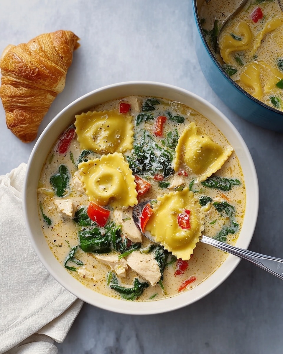 A bowl filled with creamy soup showing four layers: at the top, large yellow ravioli with ruffled edges, scattered green spinach leaves, bright red bell pepper pieces, and chunks of white chicken. The soup base is thick and light beige, covering all ingredients. A metal spoon rests inside the white bowl, lifting ravioli and soup. Next to it on the white marbled surface is a golden brown croissant on a white napkin. In the upper right corner, a pot holds more of the same soup with the same layers visible. The overall scene is bright and clear, with soft natural light. photo taken with an iphone --ar 4:5 --v 7