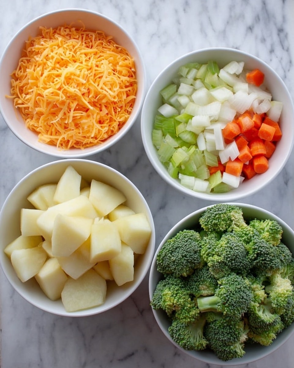 Four white bowls are placed on a white marbled surface. The top left bowl contains bright orange shredded cheese with a fine texture. The top right bowl holds a mix of chunky white onions, diced orange carrots, chopped light green celery, and small bits of minced garlic. The bottom left bowl is filled with pale yellow cubed potatoes, roughly uniform in size. The bottom right bowl shows large, fresh green broccoli florets, tightly packed and vibrant. photo taken with an iphone --ar 4:5 --v 7