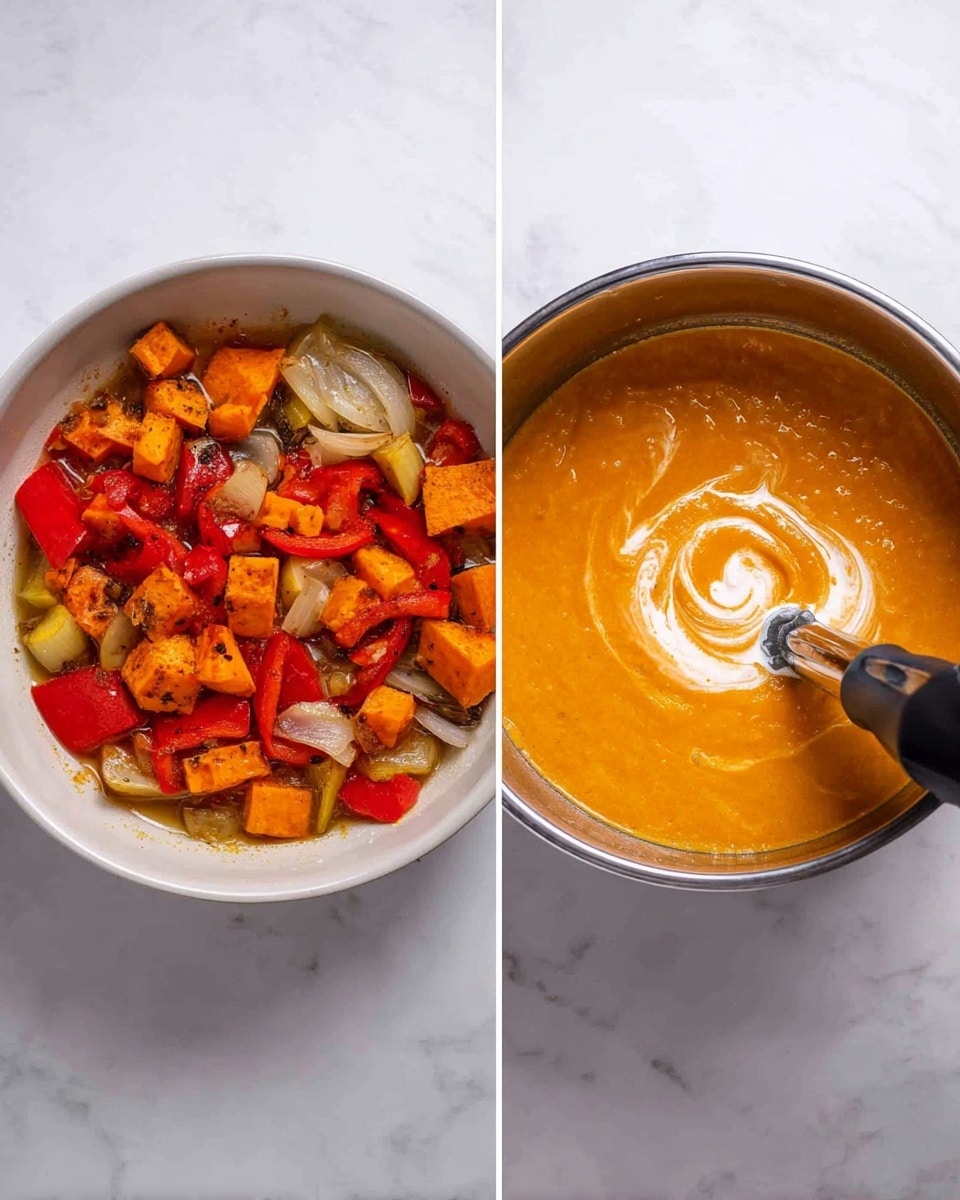 The image shows two side-by-side views of a cooking process on a white marbled surface. On the left, there is a white bowl filled with roasted vegetables including chunks of orange sweet potato, red bell pepper, onions, and yellow bell pepper pieces, all softened and mixed in some broth, showing a colorful mix of red, orange, yellow, and light brown colors with a slightly oily texture. On the right, the same bowl is filled with blended creamy orange soup, smooth in texture, with a swirl of white cream being mixed by a black immersion blender partially visible in the bowl. Photo taken with an iphone --ar 4:5 --v 7