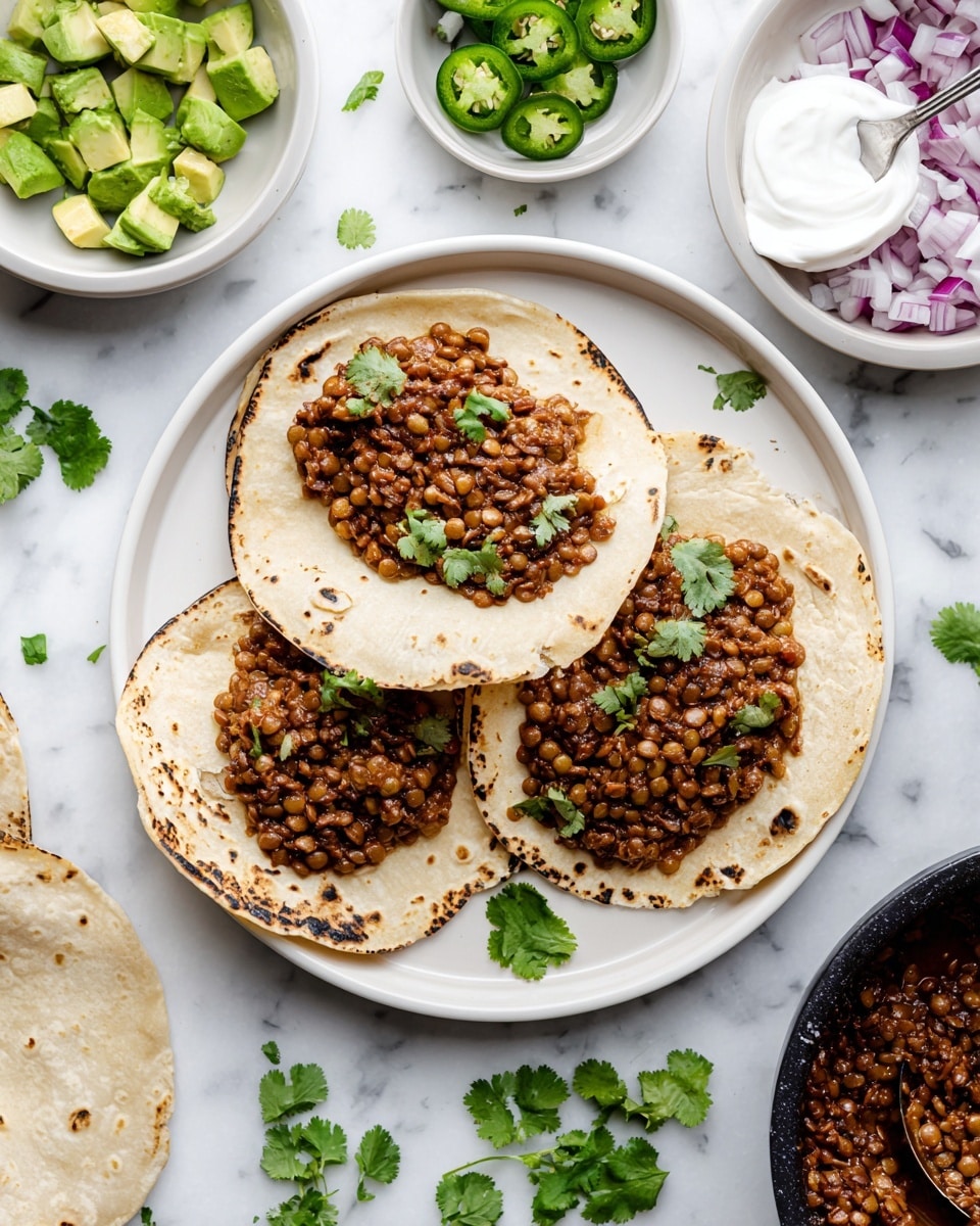 The image shows a white plate with three small corn tortillas, each topped with a layer of brown cooked lentils that look soft and slightly chunky. The tortillas have a light tan color with some dark char marks along the edges, giving a toasted and rustic look. Around the plate, seen on a white marbled surface, there are small white bowls filled with diced green avocado, fresh green cilantro leaves, plain white sour cream, bright green sliced jalapeños, and small pieces of purple onion. A spoon is resting in the bowl with sour cream, and scattered cilantro leaves add a touch of natural green on the surface. Photo taken with an iphone --ar 4:5 --v 7