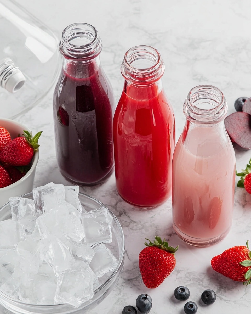 Three clear glass bottles filled with different shades of red juices are placed on a white marbled surface. The left bottle holds a deep purple liquid, the middle one has a bright red juice, and the right bottle contains a light pink drink. Around the bottles are three red strawberries with green leaves and a few scattered dark blue blueberries. On the left side, there is a white bowl filled with round ice cubes and a clear plastic bottle with a white cap, partially visible. Photo taken with an iphone --ar 4:5 --v 7