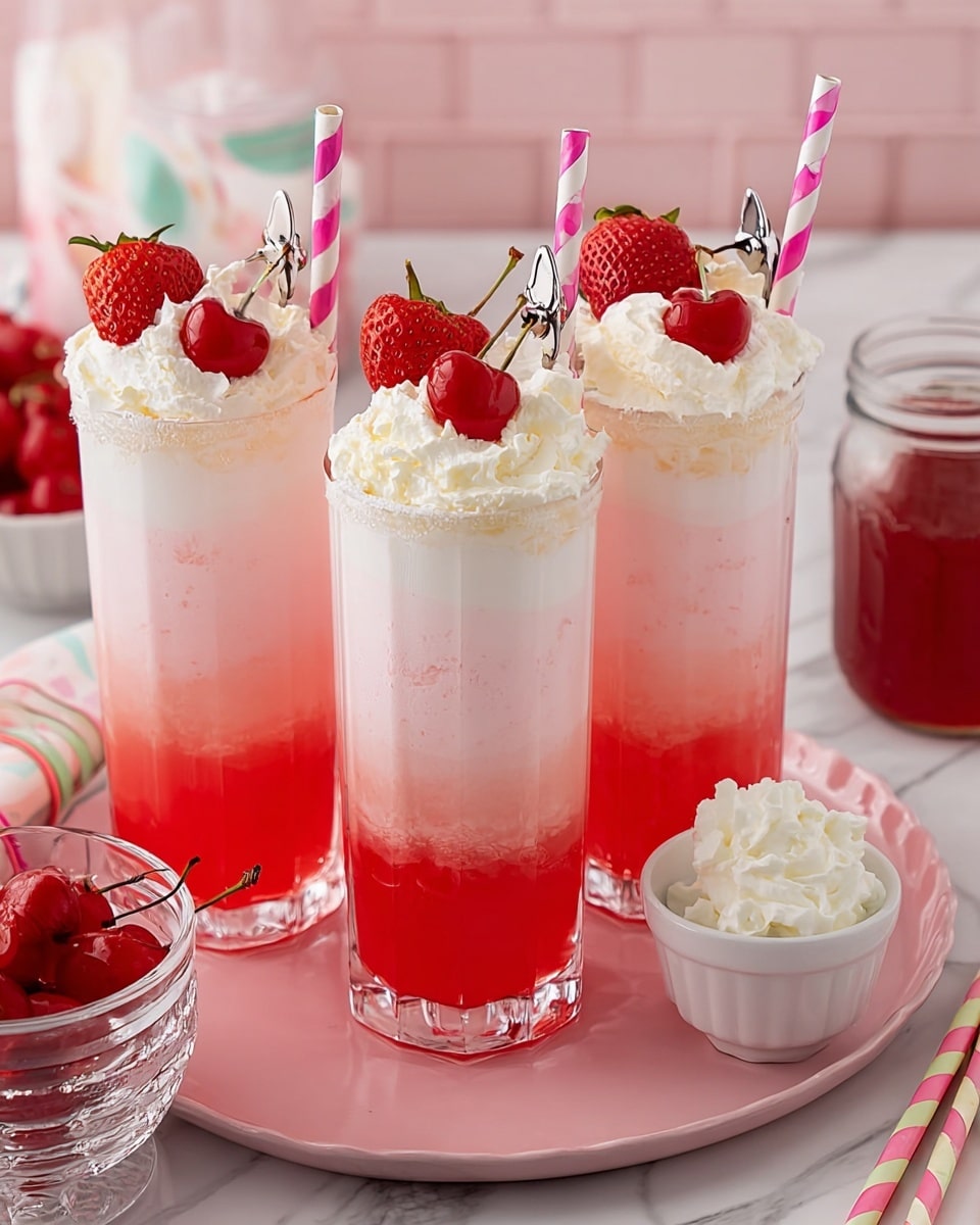 There are four tall clear glasses filled with a three-layered drink. The bottom layer is bright red, the middle layer is light pink, and the top layer is white with a creamy texture. Each glass is topped with whipped cream, a red strawberry, and a red cherry, both skewered on a silver pick. Pink and white striped straws stand in two of the glasses. The glasses sit on a pink plate with a scalloped edge, placed on a white marbled surface. Around the plate are a small glass bowl of whipped cream, a jar of red syrup, a bowl of cherries, and colorful striped straws. Photo taken with an iphone --ar 4:5 --v 7