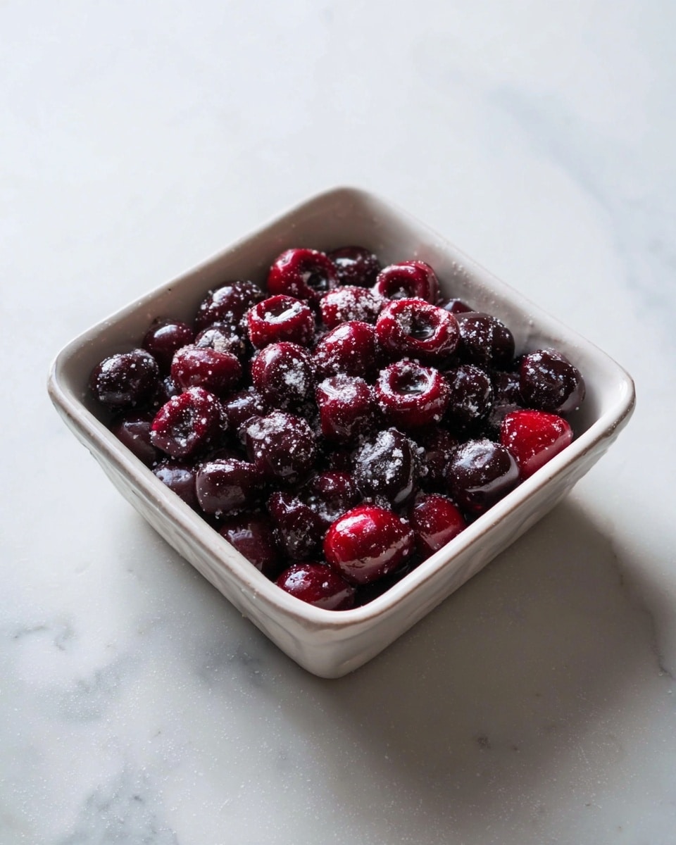 A square white ceramic dish filled with two layers of dark red cherries, some of which appear slightly darker, almost blackish. The cherries are pitted and scattered evenly to create a thick, full layer covering the entire dish. A light dusting of white sugar is sprinkled on top of the cherries, adding a slight sparkle and texture contrast. The dish sits on a white marbled surface, enhancing the richness of the cherry color. The lighting is soft and natural, with gentle shadows around the edges of the dish. photo taken with an iphone --ar 4:5 --v 7