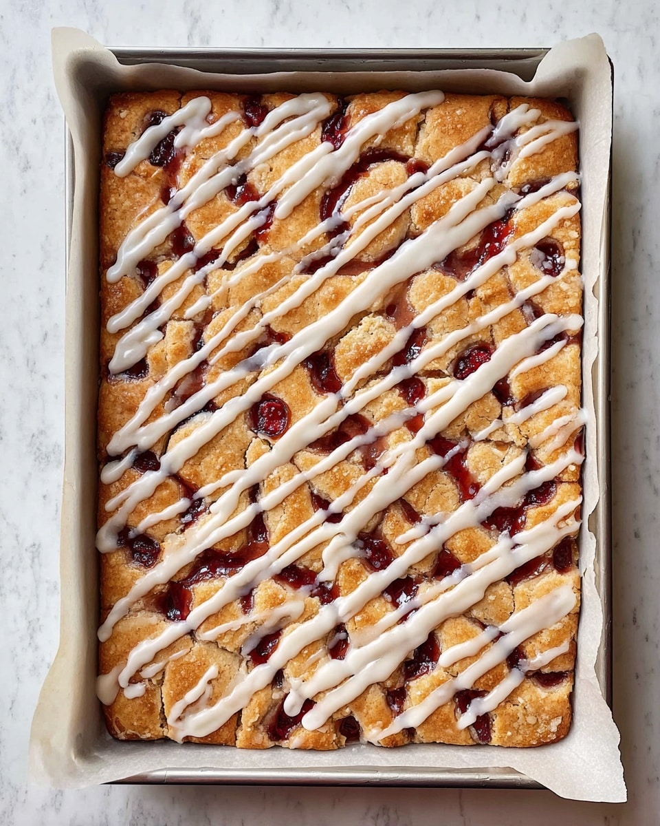 A rectangular metal baking tray lined with white parchment paper holds a dessert with three visible layers. The bottom layer is a dark red fruit filling, showing through unevenly spaced round and irregular golden brown dough pieces forming the middle layer. The top layer is a white glaze drizzled in random zigzag lines across the surface, adding a shiny, smooth texture and creating contrast against the warm tones of the dough and fruit. The tray sits on a white marbled surface. photo taken with an iphone --ar 4:5 --v 7