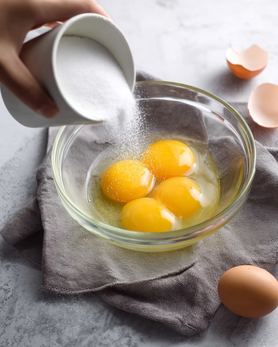 A clear glass bowl on top of a gray cloth contains three raw eggs with bright yellow yolks and transparent whites. White granulated sugar is being poured into the bowl from a white cup held by a woman's hand on the right side. In the background, cracked eggshell pieces and a whole egg rest on a white marbled surface. Photo taken with an iphone --ar 4:5 --v 7