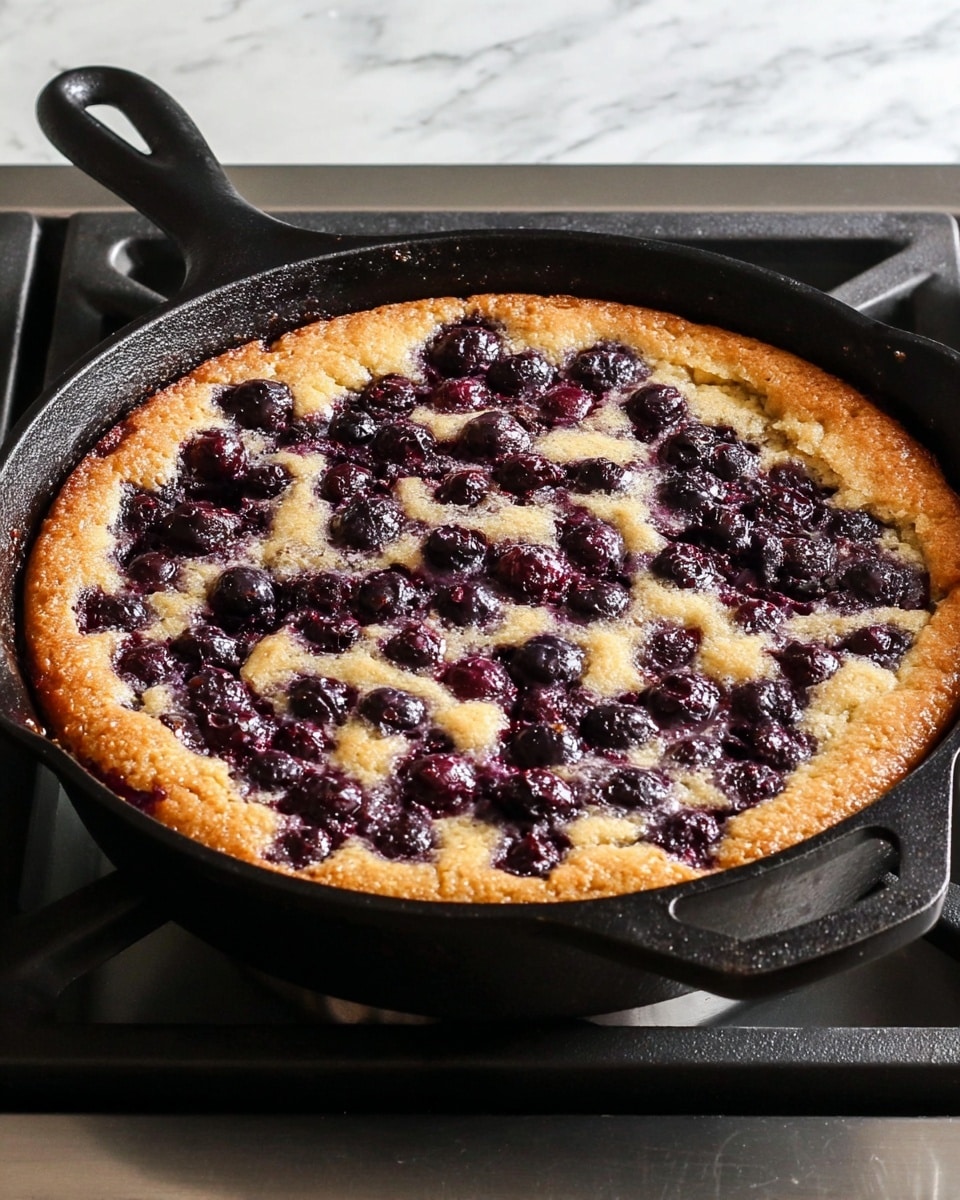 The dish is a round baked dessert in a black cast iron skillet, sitting on a stove burner. It has a golden brown crust edge that is thick and rough in texture. The top layer is covered with dark purple berries, some of which are partly sunk into a lighter golden, slightly shiny batter. The berries appear juicy and add a dark, glossy contrast to the crust. The surface around the skillet is a white marbled texture. photo taken with an iphone --ar 4:5 --v 7