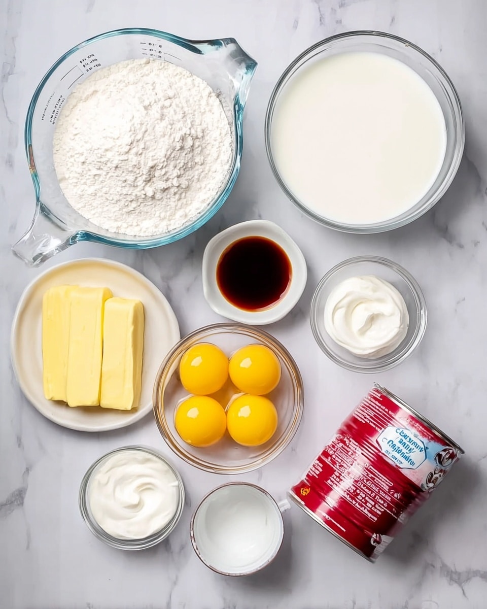 The image shows ingredients for a recipe arranged on a white marbled surface. There is a large glass measuring cup filled with white flour on the left, next to two sticks of yellow butter placed horizontally. Above the flour is a large clear bowl filled with white liquid, likely milk. To the right, there is a small white bowl with dark brown liquid, likely vanilla extract, near two smaller empty white bowls. A small glass cup with white cream is below these bowls. A clear bowl with five raw yellow eggs is placed near the bottom center. To the far right, a red can of cherry pie filling is slightly tilted with its metal lid removed and placed on the surface. Photo taken with an iphone --ar 4:5 --v 7