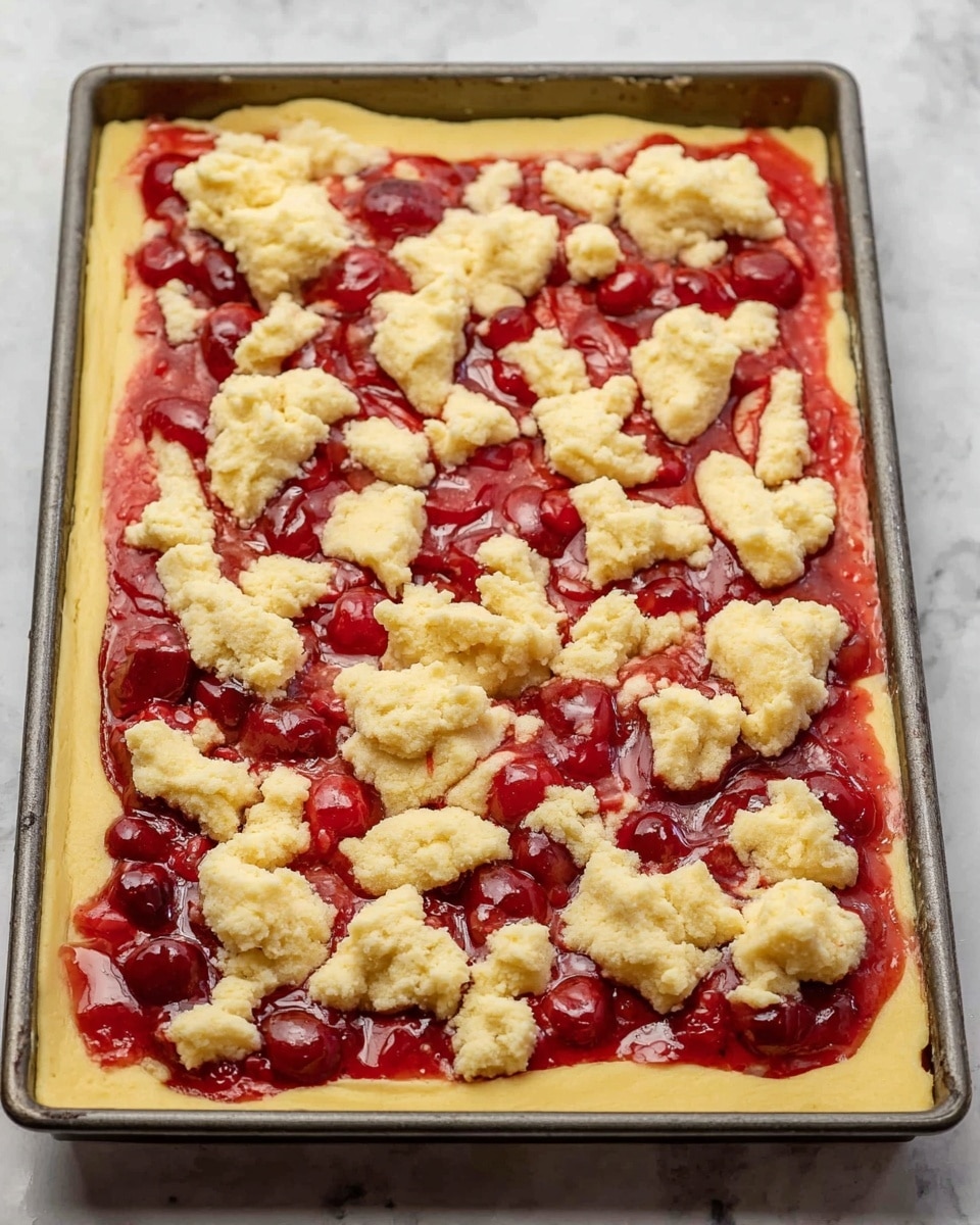 The image shows a baking tray filled with a three-layer dessert. The bottom layer is a smooth, yellow dough spread evenly across the tray. On top of that is a bright red cherry filling with whole cherries and a shiny, thick texture covering the dough almost fully. The top layer consists of irregularly shaped dollops of pale yellow dough scattered unevenly across the cherry filling, giving a rough and crumbly look. The tray is placed on a white marbled surface. Photo taken with an iphone --ar 4:5 --v 7