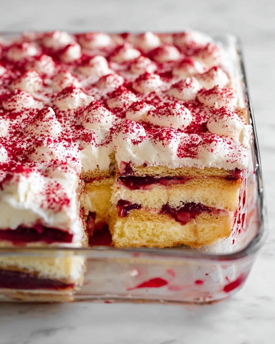 The dish is a layered dessert served in a clear rectangular glass baking dish on a white marbled surface. It has multiple layers starting from the bottom with a dark red fruit layer, followed by a thicker light yellow creamy layer. Above this is a light brown sponge cake layer, topped with another thin dark red fruit layer. The top layer is made of white whipped cream dollops sprinkled with red powder, which creates a textured, slightly uneven surface. A large piece is removed from the front, showing the distinct layers inside. photo taken with an iphone --ar 4:5 --v 7