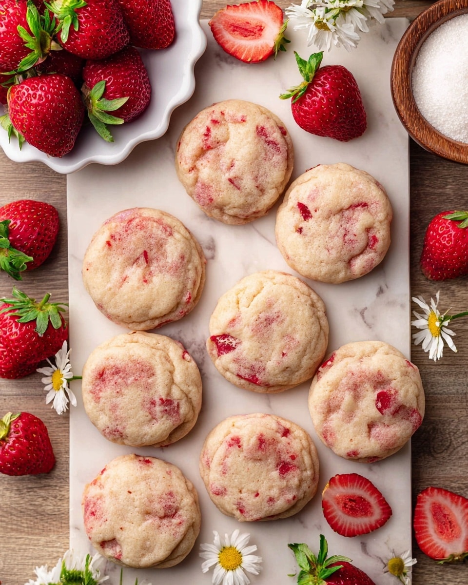 There are nine round cookies with a light beige color and red strawberry pieces mixed inside, arranged on a white marbled surface. The cookies have a soft, slightly rough texture and vary slightly in size. Around the cookies are whole bright red strawberries with green tops, plus a few halved strawberries showing their juicy red insides. Small white daisy flowers are scattered among the cookies and strawberries. In the top left corner, a white scalloped-edge plate holds more whole strawberries, and in the top right corner, there is a wooden bowl filled with white sugar. Photo taken with an iphone --ar 4:5 --v 7
