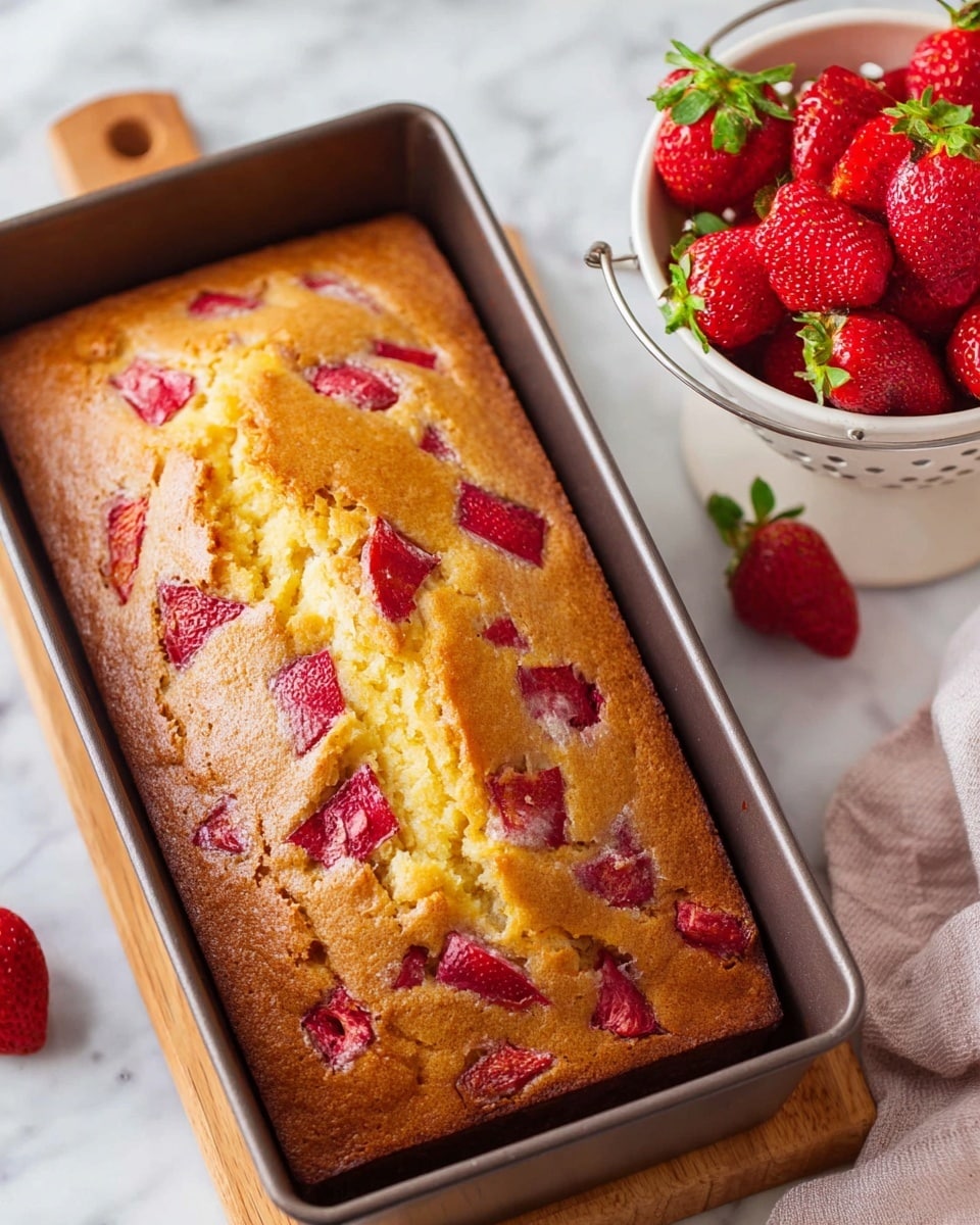 A golden-brown loaf cake with a slightly cracked top revealing chunks of bright red strawberries scattered throughout the light yellow batter, shown in a rectangular dark metal baking pan in one view and placed on a wooden board beside a white colander filled with fresh strawberries in another; the cake has a firm, slightly textured crust with the soft, fruity interior visible on top, all set on a white marbled surface. photo taken with an iphone --ar 4:5 --v 7
