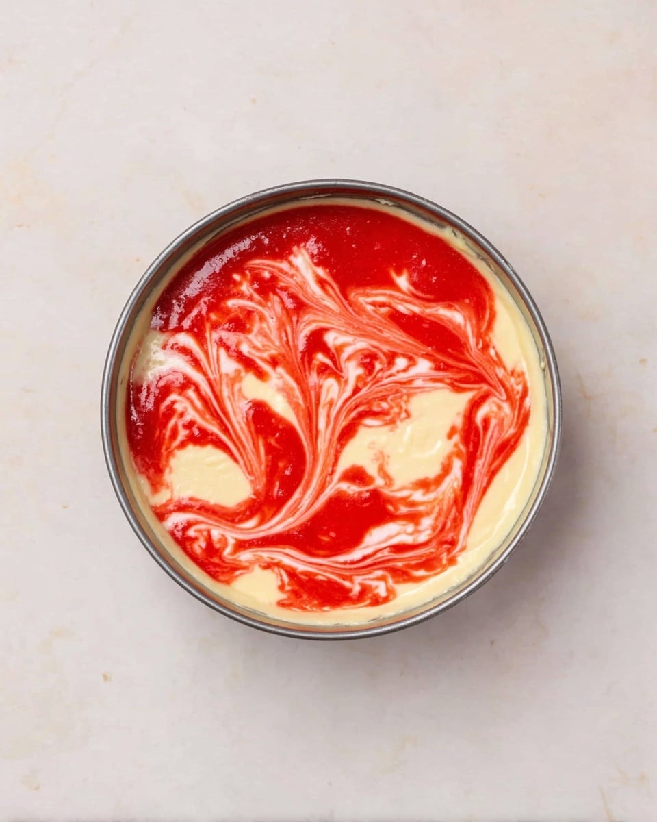 A round cake pan filled with a smooth pale yellow batter base is swirled with bright red sauce creating a marbled pattern across the top. The red swirls are thick with a glossy texture and spread unevenly but artistically on the surface, creating a mix of wide and thin swirls that contrast vividly against the creamy yellow batter. The pan is placed on a white marbled surface that adds a soft neutral background to highlight the vibrant colors of the mixture inside the pan. photo taken with an iphone --ar 4:5 --v 7