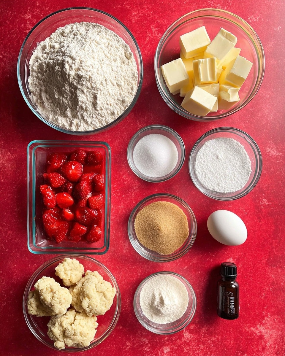 The image shows eight small glass bowls and one egg arranged on a bright red surface. The largest bowl at the top holds a mound of white flour. To the right of the flour, a medium bowl contains several chunks of light yellow butter. Below the butter, a smaller bowl is filled with white sugar. Next to the sugar, at the bottom right, is a small dark bottle with a dropper lid. In the bottom center, another bowl has crumbly, pale dough pieces. Moving left, a rectangular glass container is filled with bright red chopped strawberries in syrup. Above this, a small bowl has light brown sugar. To the left of the brown sugar, another tiny bowl holds white baking powder and salt. Near the center, a single white egg rests between the sugar and dough. All ingredients are set on a white marbled textured surface. Photo taken with an iphone --ar 4:5 --v 7