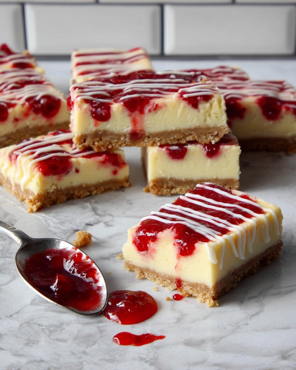 This image shows several rectangular cheesecake bars on a white marbled surface with a white tiled wall in the background. Each bar has three clear layers: a thick, crumbly light brown base on the bottom, a creamy pale yellow cheesecake layer in the middle, and a bright red jam layer with visible fruit pieces on top. Thin white lines of drizzle are spread evenly across the red jam on each bar. In the center, there is a shiny metal spoon resting on the surface holding some of the red jam, with some jam spilled around it. The bars are arranged casually, some stacked and others lying flat, showing a mix of textures from smooth to crumbly. Photo taken with an iphone --ar 4:5 --v 7