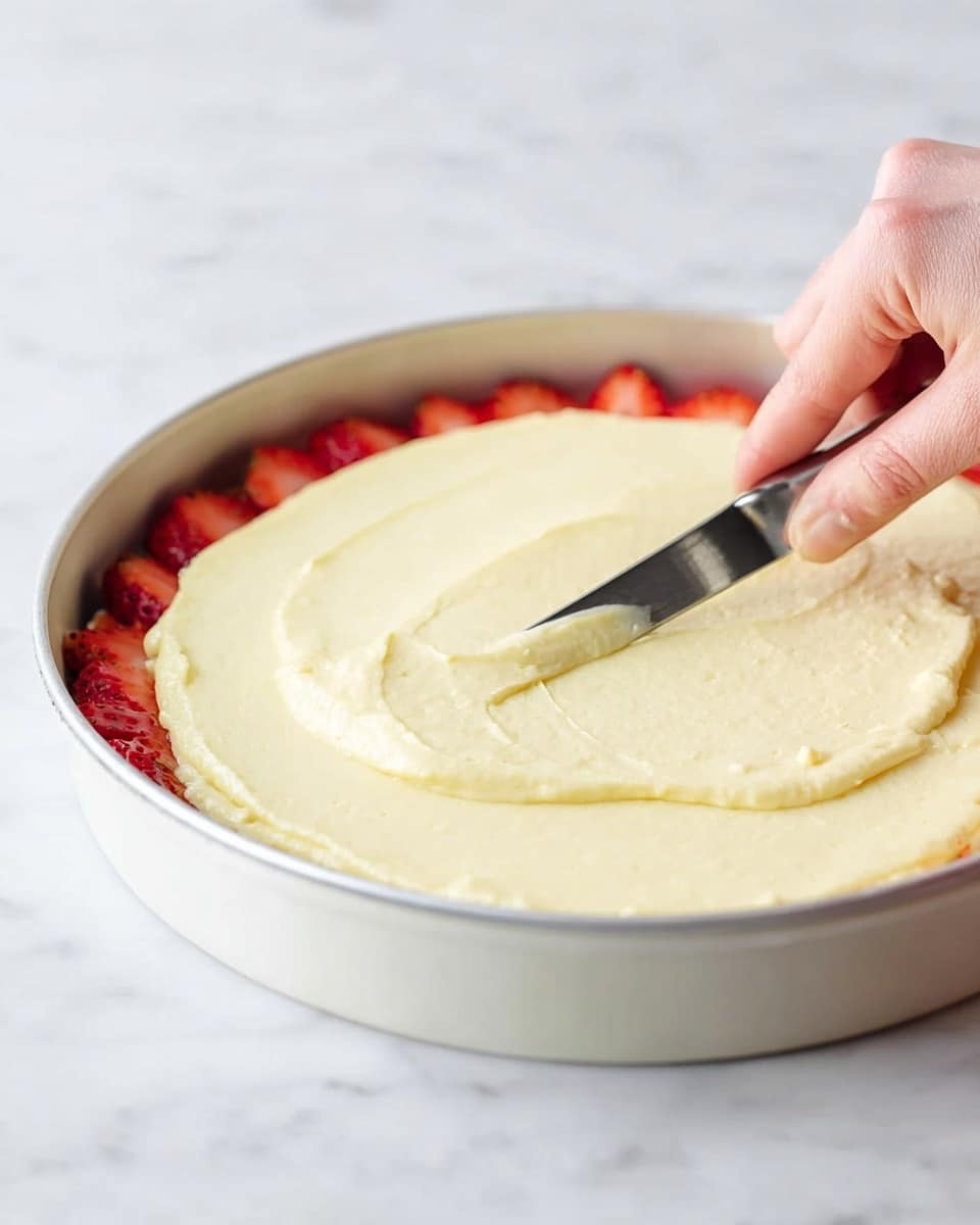 A round white deep dish holds a dessert with two visible layers. The bottom layer shows red strawberries slightly visible around the edge. The top layer is a thick, creamy, pale yellow mixture that is being spread smoothly using a small spatula held by a woman's hand. The background surface is white with a marbled texture, bright and clean, highlighting the dessert and the spreading action. Photo taken with an iphone --ar 4:5 --v 7