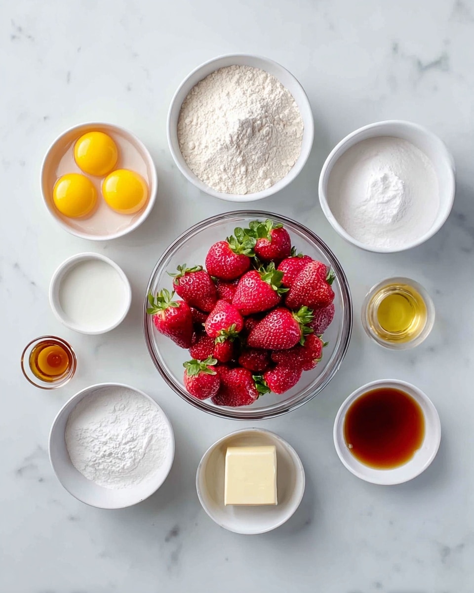 The image shows a top view of various baking ingredients arranged on a white marbled surface. At the center is a clear glass bowl filled with bright red strawberries with green leaves, giving a fresh and vibrant look. Surrounding the bowl are eight white bowls of different sizes: one with several yellow egg yolks, one with white flour, one with white sugar, one with a small amount of white liquid (likely milk or cream), one with a light yellow cream or butter, one with white powder (likely baking powder or salt), one with a dark amber liquid (vanilla extract), and one with a different white powdery ingredient. The bowls are evenly spaced, creating a neat, organized layout. The photo taken with an iphone --ar 4:5 --v 7