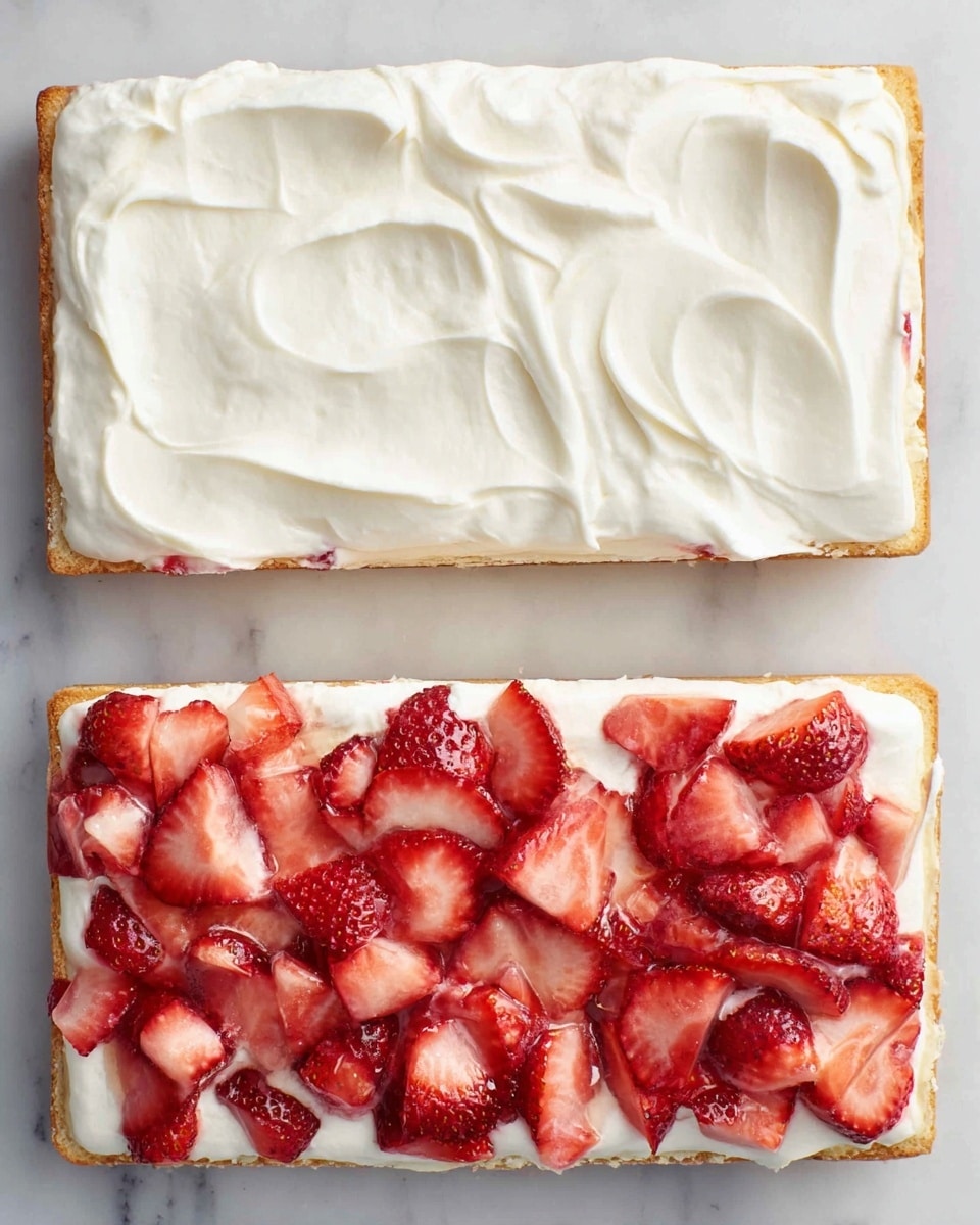 Two rectangular flat cakes lie side by side on a white marbled surface. The top cake has one thick, smooth layer of white cream spread evenly across its surface, with soft swirls visible. The bottom cake has two layers: the base layer is the same cake, topped with a thick, spread layer of white cream, and the top layer consists of many thin slices of fresh strawberries scattered evenly with bright red and pink hues contrasting the white cream. Photo taken with an iphone --ar 4:5 --v 7