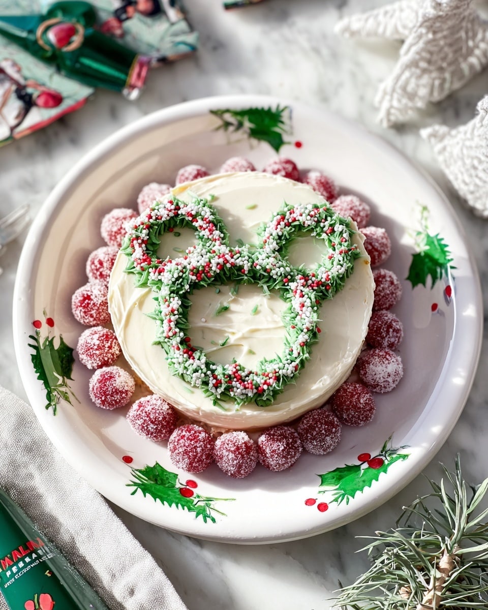 This is a small cake on a white plate with green pine and red berry designs around the edge. The cake has one light cream-colored layer of smooth frosting. On top, there is a shape made with green frosting, decorated with red, white, and green sprinkles, forming three round loops like a mouse head and ears. Around the edge of the cake, there is a ring of red berries covered in sugar. The cake is placed on a white marbled background, with a green frosting bag nearby and holiday-themed items partially visible around it. Photo taken with an iphone --ar 4:5 --v 7