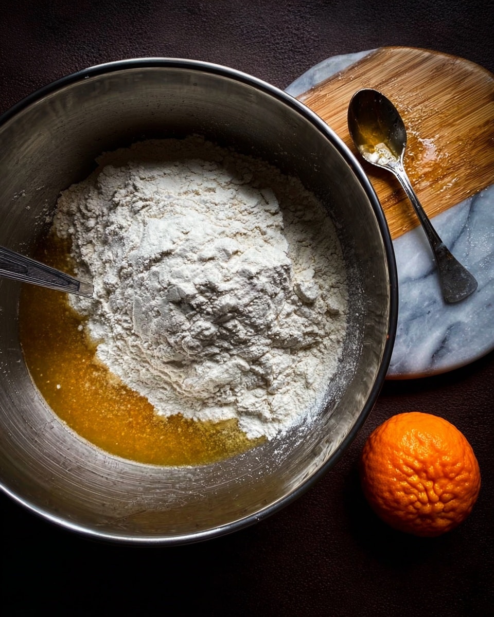 A shiny metal bowl contains a mix of wet and dry ingredients. The bottom layer is a golden brown liquid, likely melted butter or oil. On top of this is a thick layer of white flour. A silver spoon is partly buried in the flour, resting inside the bowl. To the right of the bowl is a white marbled surface with a wooden cutting board holding a small metal spoon covered with a little bit of liquid. Near the board is an orange with a bumpy texture. The background is dark, making the items stand out. photo taken with an iphone --ar 4:5 --v 7