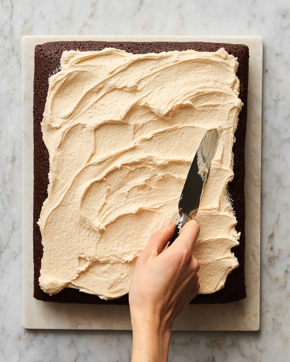 A rectangular dark brown cake sits flat on a white marbled surface, with a thick layer of pale beige frosting being spread on top. The frosting looks creamy and fluffy, covering about half of the cake's surface with soft, uneven swirls. A woman's hand is holding a spatula with a black handle, smoothing and spreading the frosting from the bottom right corner towards the center, creating textured ridges. The edges of the cake are clean and sharp, contrasting with the soft texture of the frosting. photo taken with an iphone --ar 4:5 --v 7
