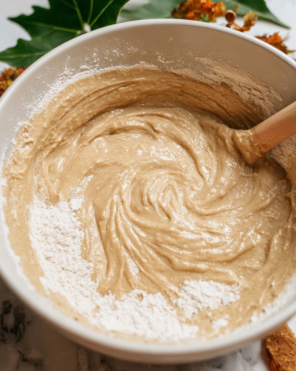 A close-up view of a white bowl containing thick, light brown batter being mixed, with some white flour visible along the sides of the bowl, and a soft swirling texture in the batter. Part of a green leaf and some blurry brownish-orange elements are in the background. The setting is on a white marbled surface. photo taken with an iphone --ar 4:5 --v 7