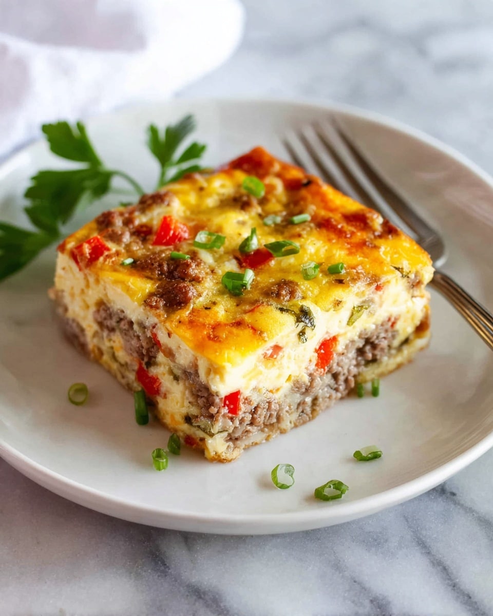 A square slice of layered casserole sits on a white plate with a silver fork to the side. The casserole has three visible layers filled with ground meat, small red bell pepper pieces, and green herbs mixed into a creamy yellow egg-based layer. The top layer is golden brown with a slightly crispy texture and scattered finely chopped green onions. A small sprig of green parsley decorates the plate behind the casserole. The plate rests on a surface with a white marbled texture. Photo taken with an iphone --ar 4:5 --v 7