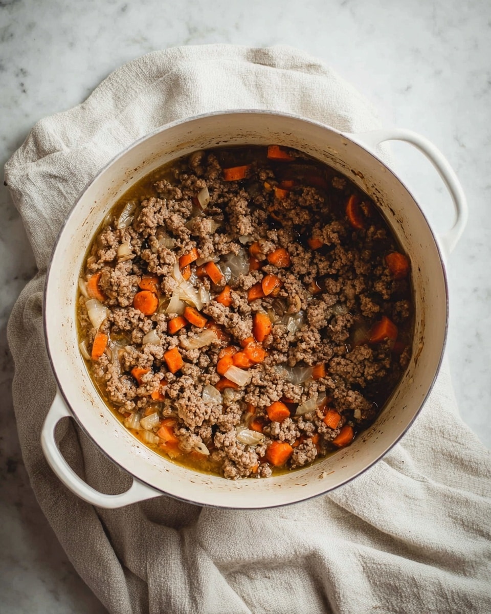 A white pot filled with cooked ground meat mixed with small orange carrot slices and translucent cooked onion pieces, resting on a soft beige cloth over a white marbled surface. The meat has a crumbled texture with varying brown shades, and there is some light brown broth visible around the ingredients. The pot has white handles and a slightly stained inner rim from cooking. photo taken with an iphone --ar 4:5 --v 7