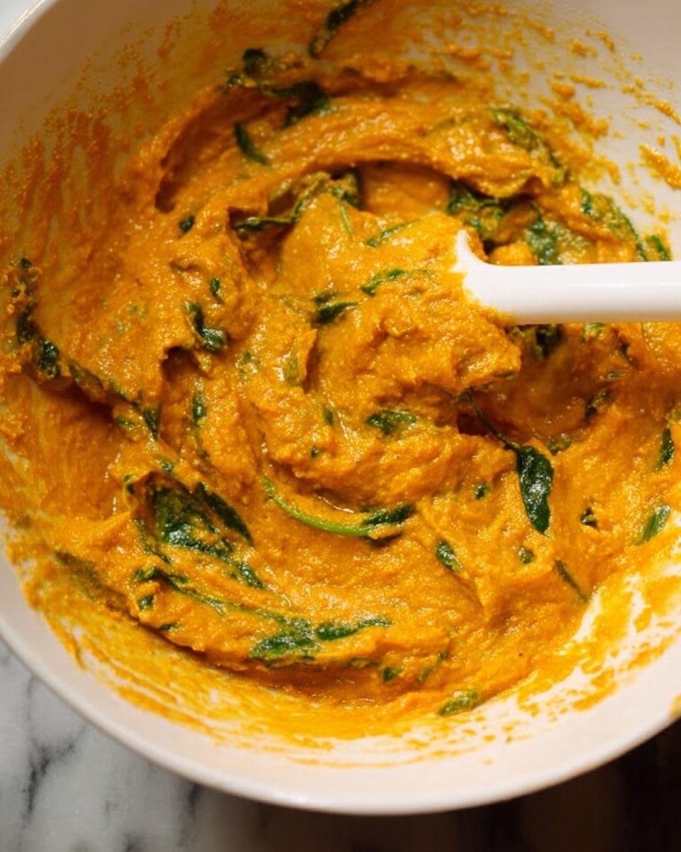 The image shows a close-up of a thick, orange-yellow mixture with some visible green leafy pieces blended inside, giving a vibrant contrast. The texture looks smooth with slight chunks, spread in a white bowl. A white spatula with traces of the orange mixture rests inside the bowl, suggesting stirring. The background is a white marbled surface, enhancing the bright colors of the dish. photo taken with an iphone --ar 4:5 --v 7