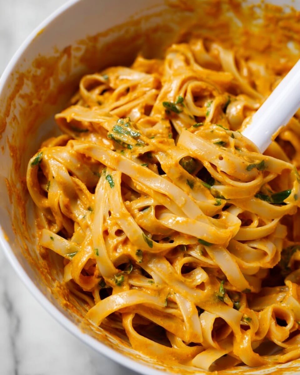 The image shows a close-up of thick, flat noodles coated in a smooth, orange-colored sauce with visible small green bits mixed in. The noodles are twisted and layered unevenly inside a white bowl, with some sauce clinging to the bowl's sides. A white utensil, partially visible, stirs the noodles from the right side against a white marbled background. The texture of the sauce looks creamy and clings well to the noodles photo taken with an iphone --ar 4:5 --v 7