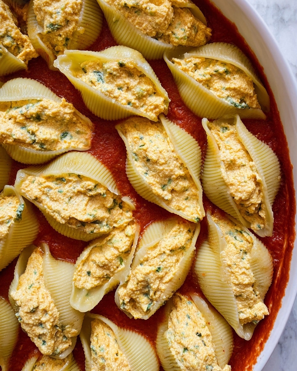This image shows a close-up of large pasta shells neatly filled with a creamy, textured filling that is pale yellow with a slightly grainy look and small green herb bits. The stuffed shells rest on a smooth, thick, bright red sauce layer at the bottom of a round, white dish. The shells are placed closely together in rows, each shell open and generously packed with the filling that slightly spills over the edges. The background is a white marbled texture. photo taken with an iphone --ar 4:5 --v 7