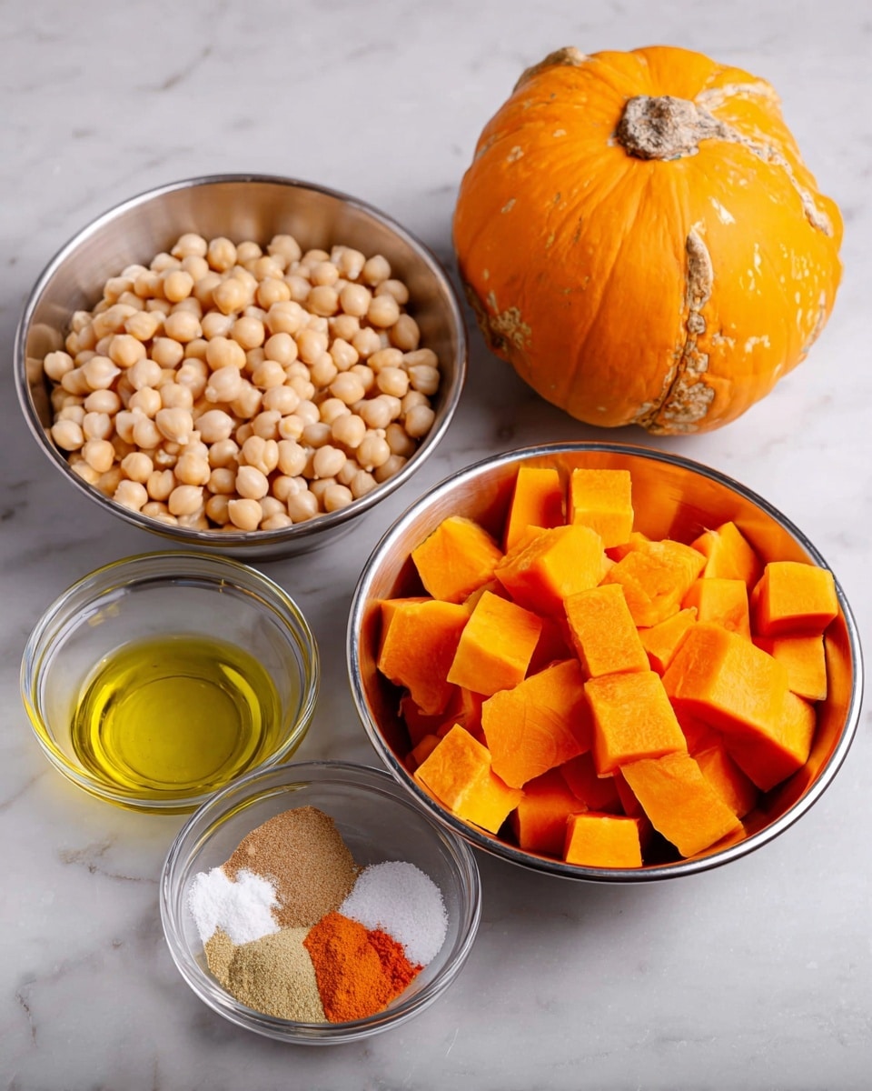 The image shows a white marbled surface holding several metal bowls with ingredients. One large bowl on the right is filled with bright orange pumpkin chunks with a textured peel on some pieces, while another large bowl on the left holds pale beige round chickpeas. Between these two is a small clear glass bowl with golden olive oil, and a smaller metal bowl contains four different spices arranged in small piles: coarse white salt, reddish-orange paprika, beige garlic powder, and light brown ground cumin. A whole round orange pumpkin with a rough stem is placed behind the bowls. photo taken with an iphone --ar 4:5 --v 7