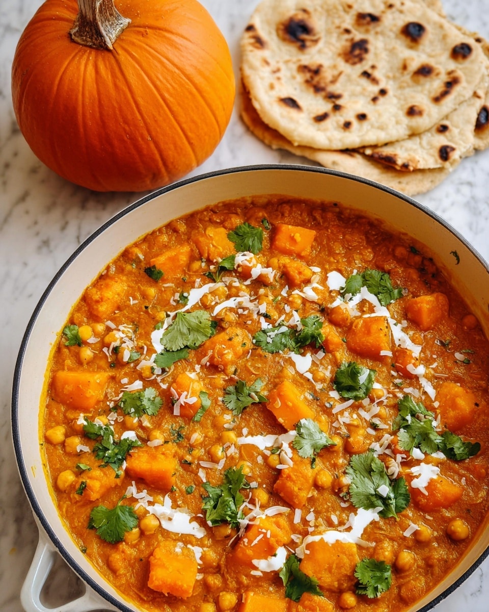 A white deep pan filled with a thick orange curry containing large cubed orange squash and small round beige chickpeas, topped with white cream swirls, fresh green cilantro leaves, and thin white coconut flakes scattered on the surface. Behind the pan, there is a whole round orange pumpkin and two pieces of light brown flatbread with darker brown toasted spots, placed on a white marbled surface photo taken with an iphone --ar 4:5 --v 7