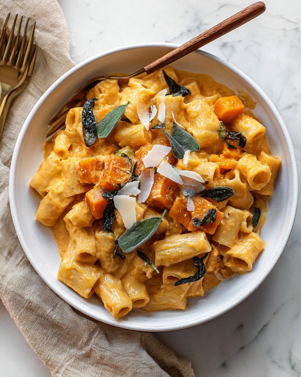 A white bowl filled with three layers: the bottom layer is creamy orange cheese sauce, the middle layer is short tube pasta coated in the sauce with a soft texture, and the top layer includes chunks of roasted orange squash, dark green crispy sage leaves, and white thin cheese shavings scattered on top. The bowl sits on a white marbled surface with a wooden fork resting partially inside, and a beige cloth with two forks is placed beside the bowl. Photo taken with an iphone --ar 4:5 --v 7