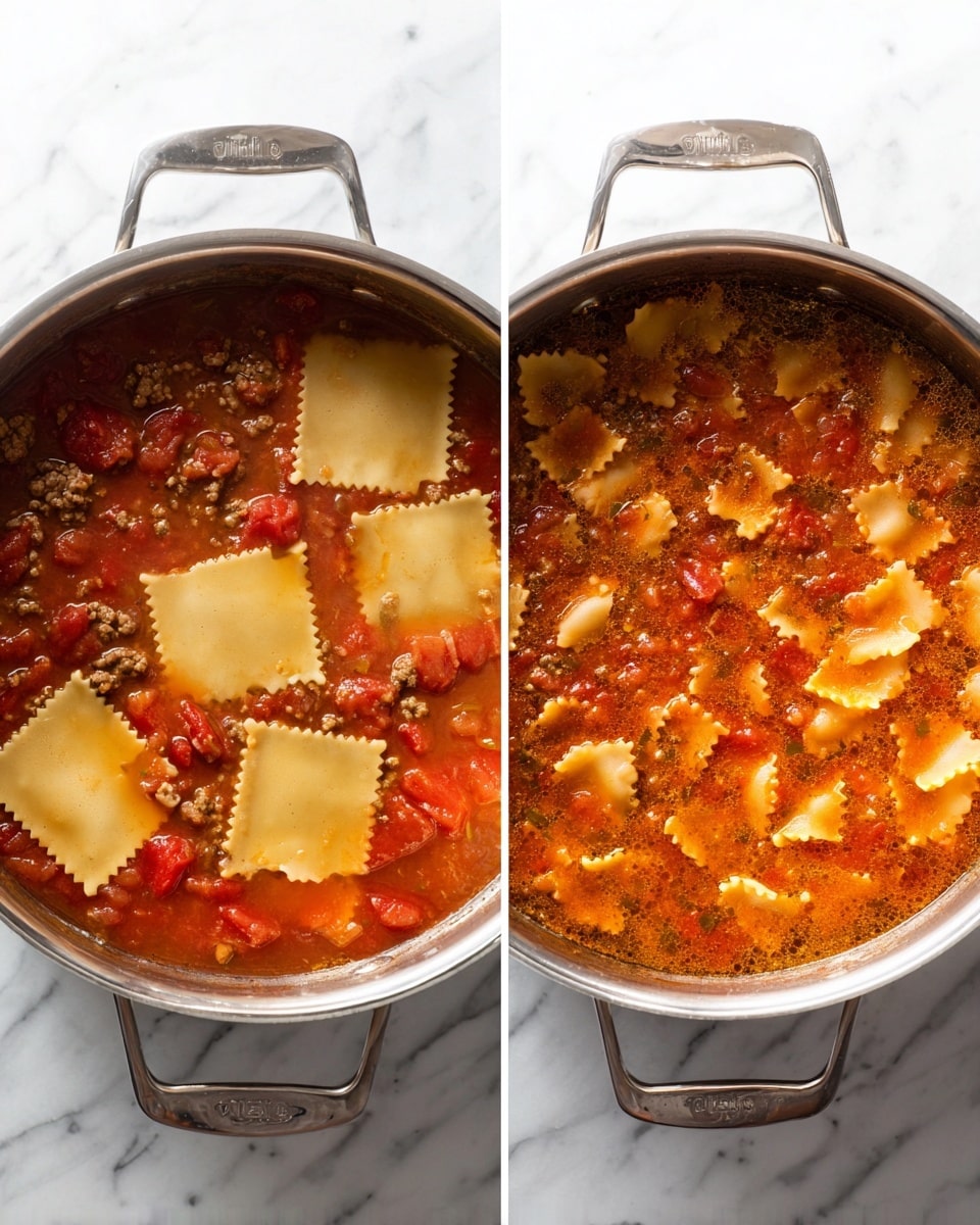 Two side-by-side images show a stainless steel pot on a white marbled surface, each filled with different stages of cooking a pasta dish. On the left, the pot contains a red tomato-based sauce with visible chunks of tomatoes and browned ground meat, with five flat, wide, ruffled-edged pasta sheets partially soaked and floating in the sauce. The sauce looks watery and is slightly steaming. On the right, the same pot shows the pasta sheets fully cooked and softened, now more integrated and covered evenly by the thicker tomato and meat sauce, with hidden pieces of diced tomatoes and ground meat spread throughout the rich red-orange sauce. Photo taken with an iphone --ar 4:5 --v 7