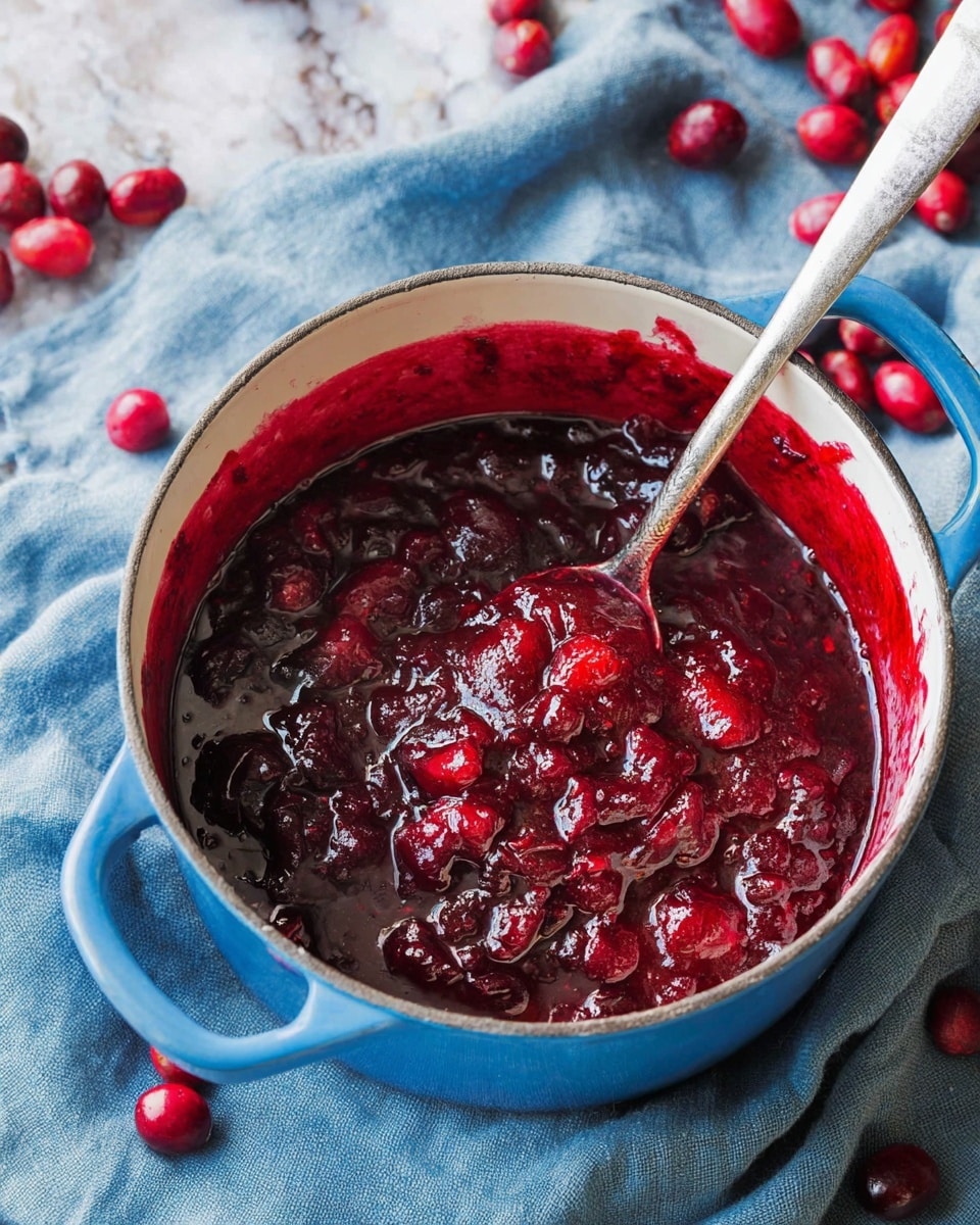 A blue enamel pot with white inside is filled with thick, chunky dark red cranberry sauce that has visible whole and broken-down cranberries, giving it a textured, rich look. The sauce clings to the sides of the pot, showing a glossy, syrupy consistency. A metal spoon rests inside the pot, partially submerged in the sauce. The pot sits on a soft blue-gray cloth, surrounded by fresh whole cranberries. The surface underneath has a white marbled texture. photo taken with an iphone --ar 4:5 --v 7