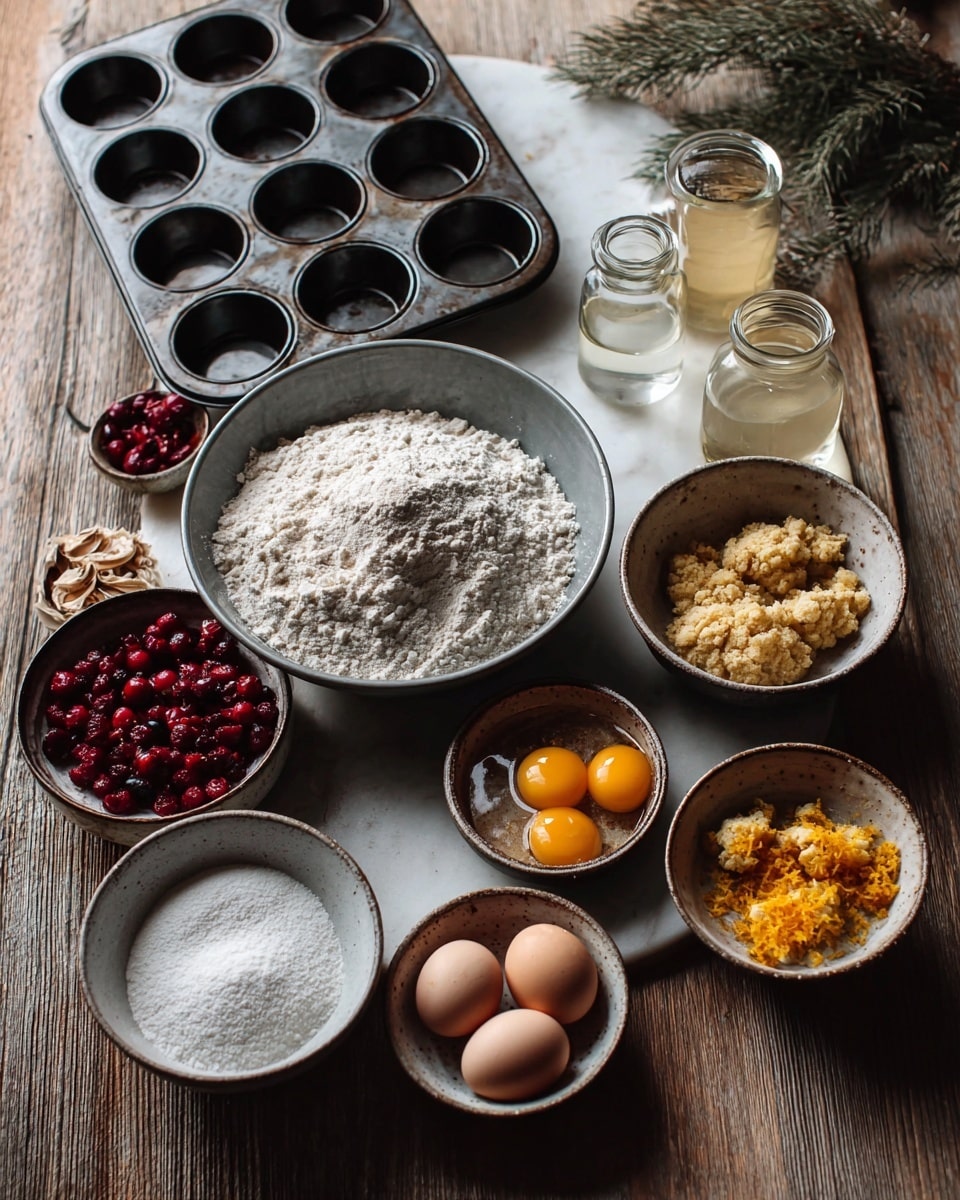 A rustic wooden table holds a variety of ingredients and tools for baking, arranged neatly. At the center is a large gray bowl filled with a mound of dry flour. Surrounding it are smaller bowls: one with bright red cranberries, another with two cracked raw eggs on a ceramic base, a bowl with white granulated sugar, another with a golden crumbly mixture, and one with what looks like orange zest next to two whole eggshells. There are also small glass jars holding liquids—one clear and one light yellow. Behind all this sits a well-used black metal muffin tin with twelve slots. The scene has soft natural lighting coming from the left side and a white marbled surface beneath the setup. photo taken with an iphone --ar 4:5 --v 7