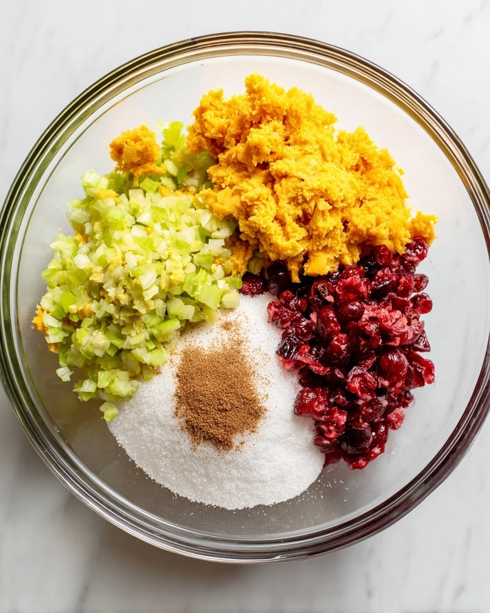The image shows a clear glass bowl on a white marbled surface filled with three distinct layers of chopped ingredients arranged side by side: finely chopped pale green celery on the left, bright yellow mashed sweet potatoes at the top, and finely chopped red cranberries on the right. In the second image, the same bowl contains the same three layers but now with a large layer of white granulated sugar covering the celery and cranberry sections, and a small pile of brown ground spice placed on top of the sugar near the cranberries. The bowl is viewed from above with clear visibility of the textures and colors. Photo taken with an iphone --ar 4:5 --v 7