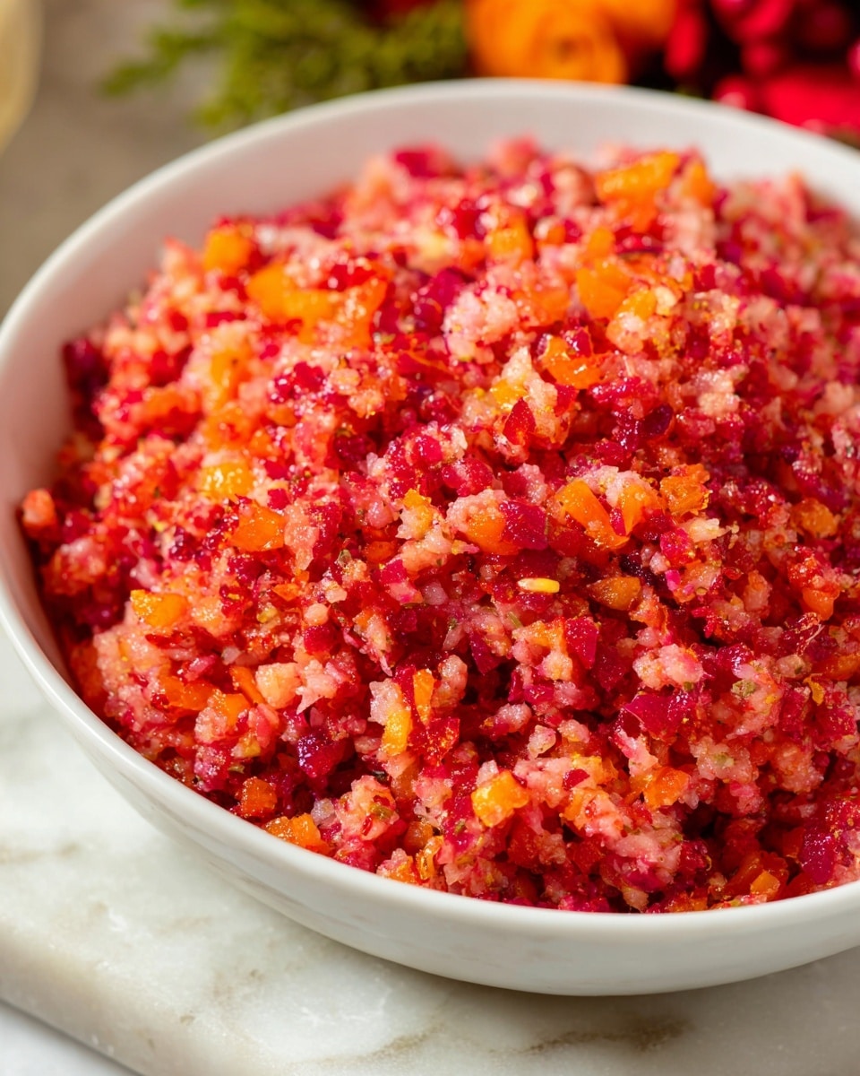 A close-up of a white bowl full of a finely chopped, colorful mixture of bright red, orange, and light pink ingredients that look fresh and juicy. The texture appears soft and small pieces are packed tightly together, creating a bumpy surface. The bowl is placed on a white marbled surface with some blurred green and red elements in the background. Photo taken with an iphone --ar 4:5 --v 7