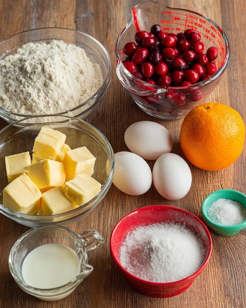 The image shows several baking ingredients placed on a wooden surface. There are two clear glass bowls: one with white flour and another with cut pale yellow butter cubes. A clear glass measuring cup contains fresh red cranberries, and another smaller clear glass measuring cup holds white milk. Two whole white eggs sit next to a large bright orange. A small red bowl filled with white granulated sugar and two tiny bowls, one green with white baking powder and one wooden with salt, complete the setup. The ingredients are clean and neatly arranged in a flat lay style on the wooden background photo taken with an iphone --ar 4:5 --v 7