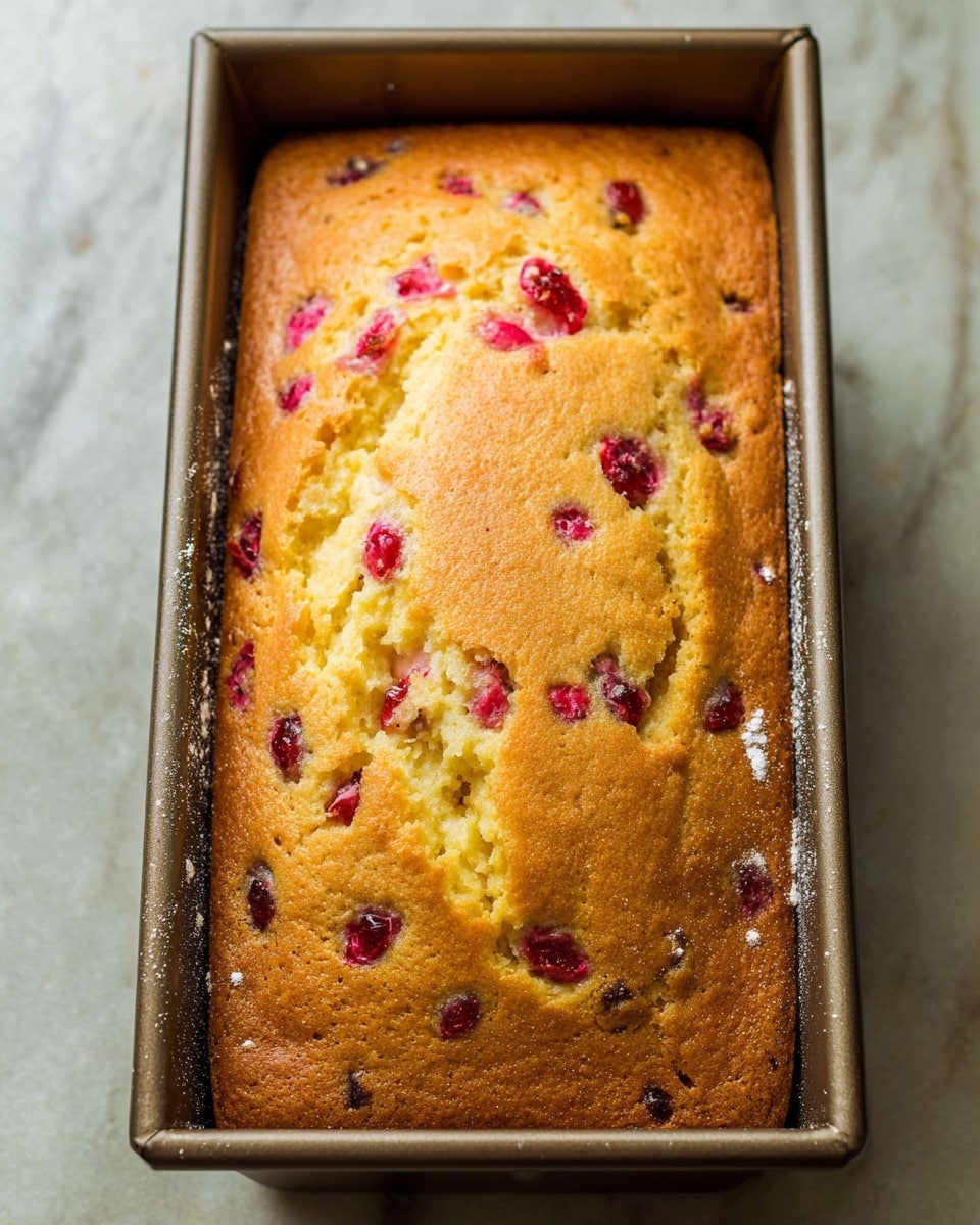 A single rectangular loaf of golden brown cake with a slightly cracked top sits in a square-edge metal baking pan. The cake has a soft texture with many small red berries spread throughout, creating pops of color against the light yellow interior. The edges of the cake are evenly baked to a deeper brown while the center remains moist and lighter. The baking pan shows signs of light flour dusting along the sides. The whole scene rests on a white marbled surface. photo taken with an iphone --ar 4:5 --v 7