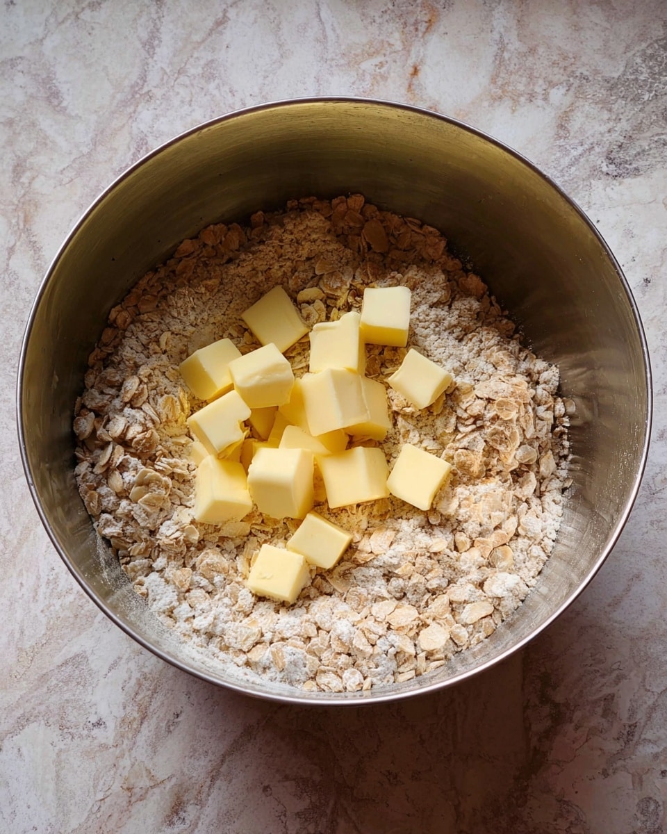 A metal bowl holds a mix of two layers inside: the bottom layer is a light brown oat and flour mixture with visible oat flakes, and on top, there are small yellow cubes of cold butter scattered in the center. The bowl rests on a surface with a white marbled texture. photo taken with an iphone --ar 4:5 --v 7
